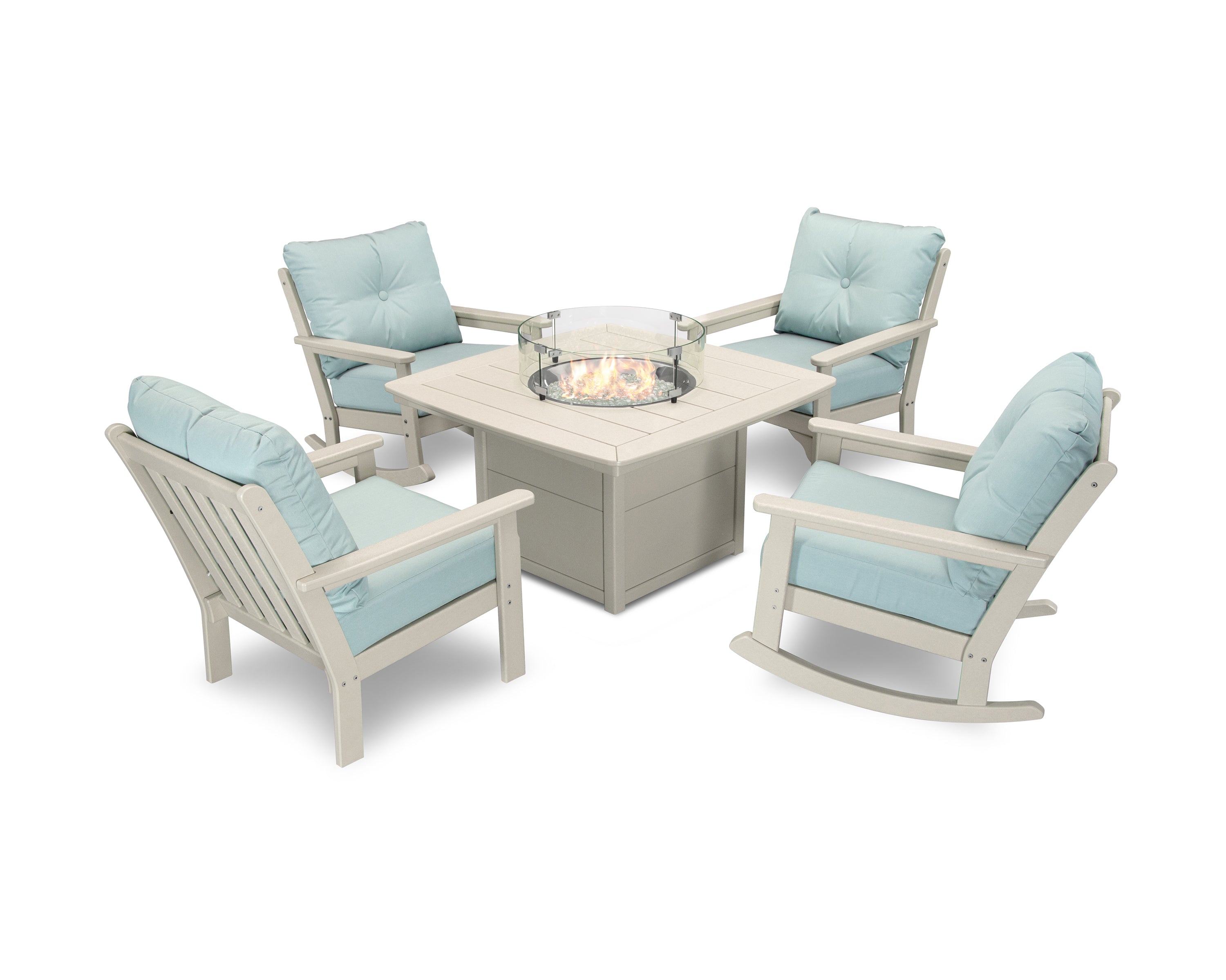 POLYWOOD Vineyard 5-Piece Deep Seating Rocking Chair Conversation Set with Fire Pit Table in Sand / Spa