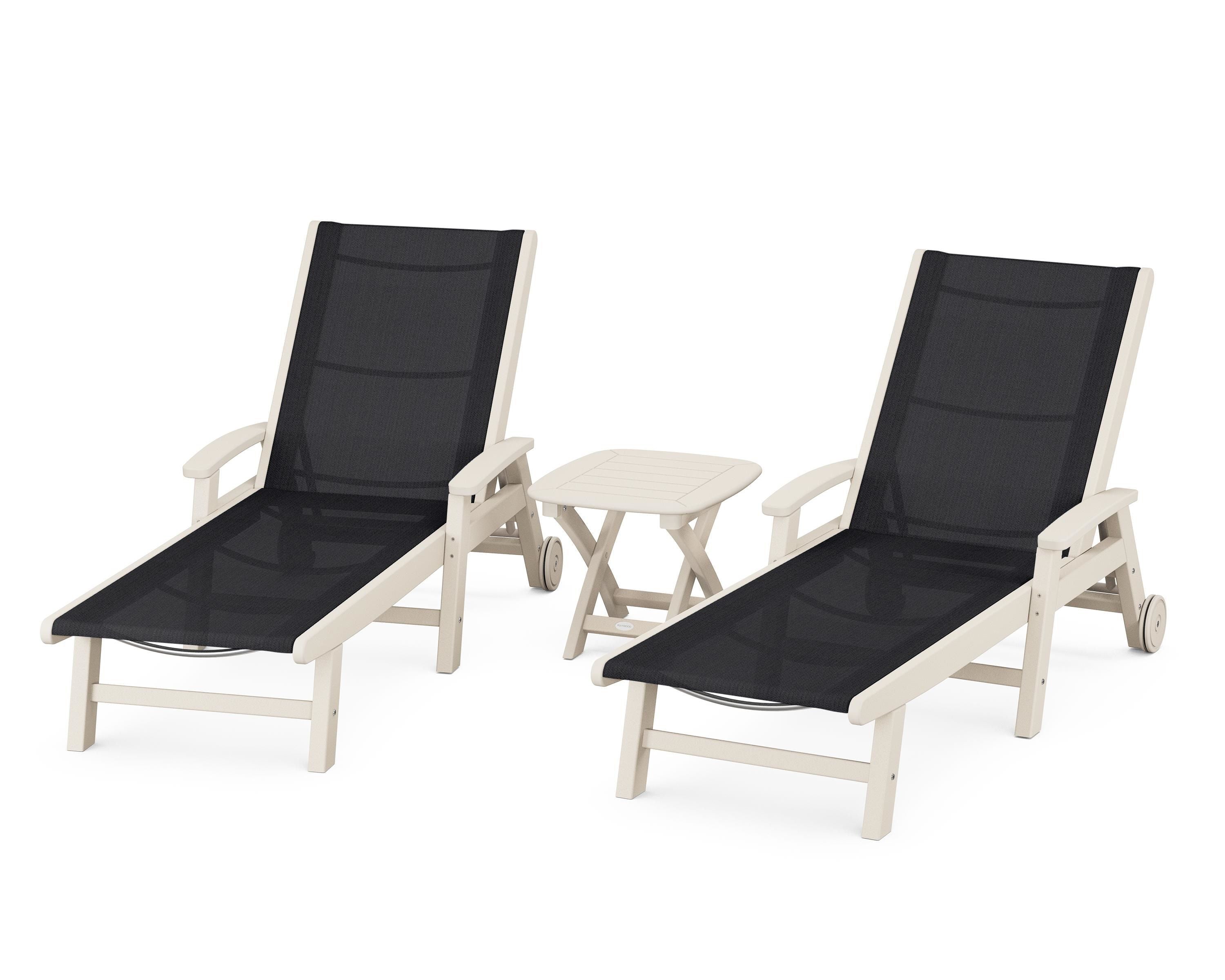 POLYWOOD Coastal 3-Piece Wheeled Chaise Set in Sand / Black Sling