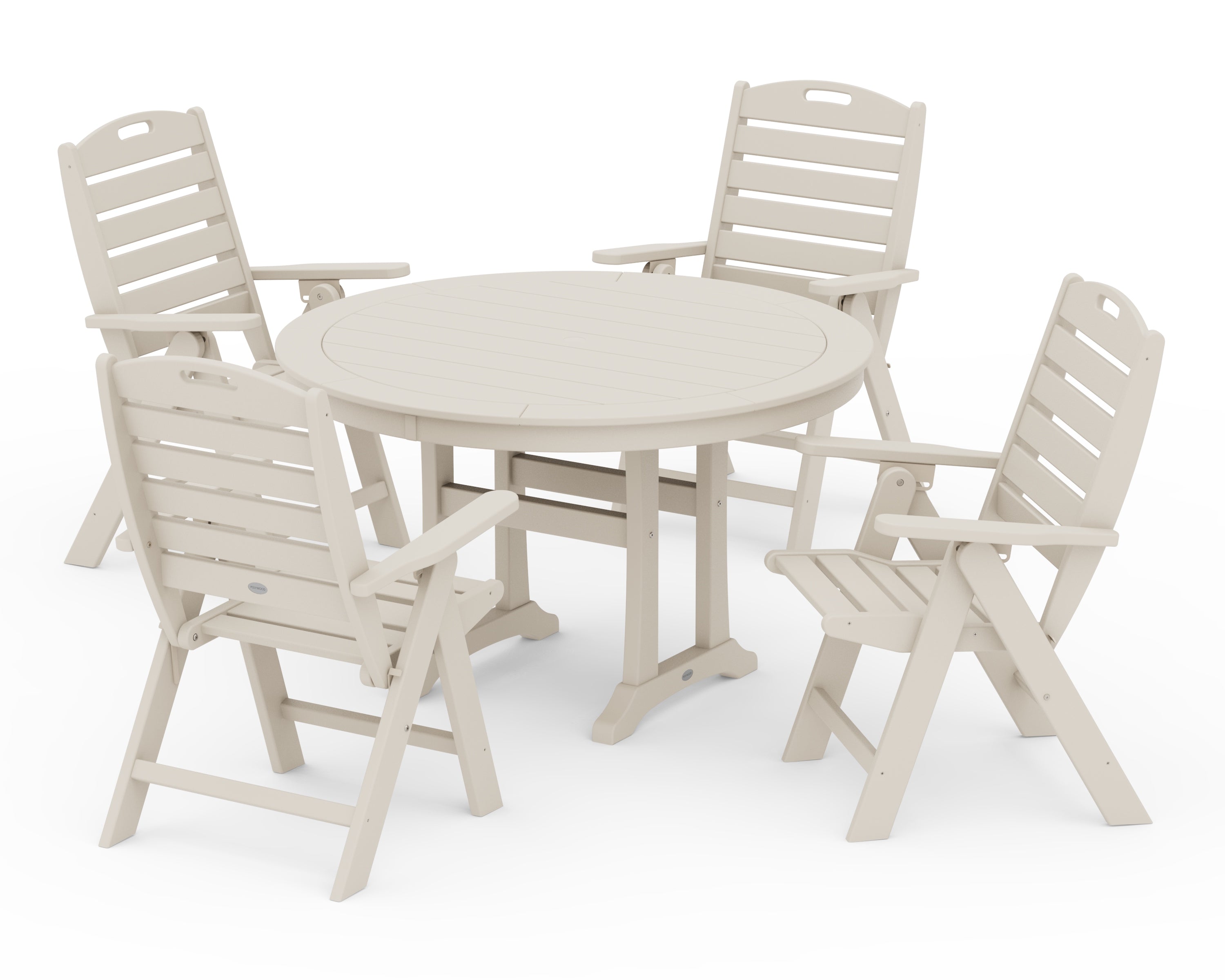 POLYWOOD Nautical Highback Chair 5-Piece Round Dining Set with Trestle Legs in Sand