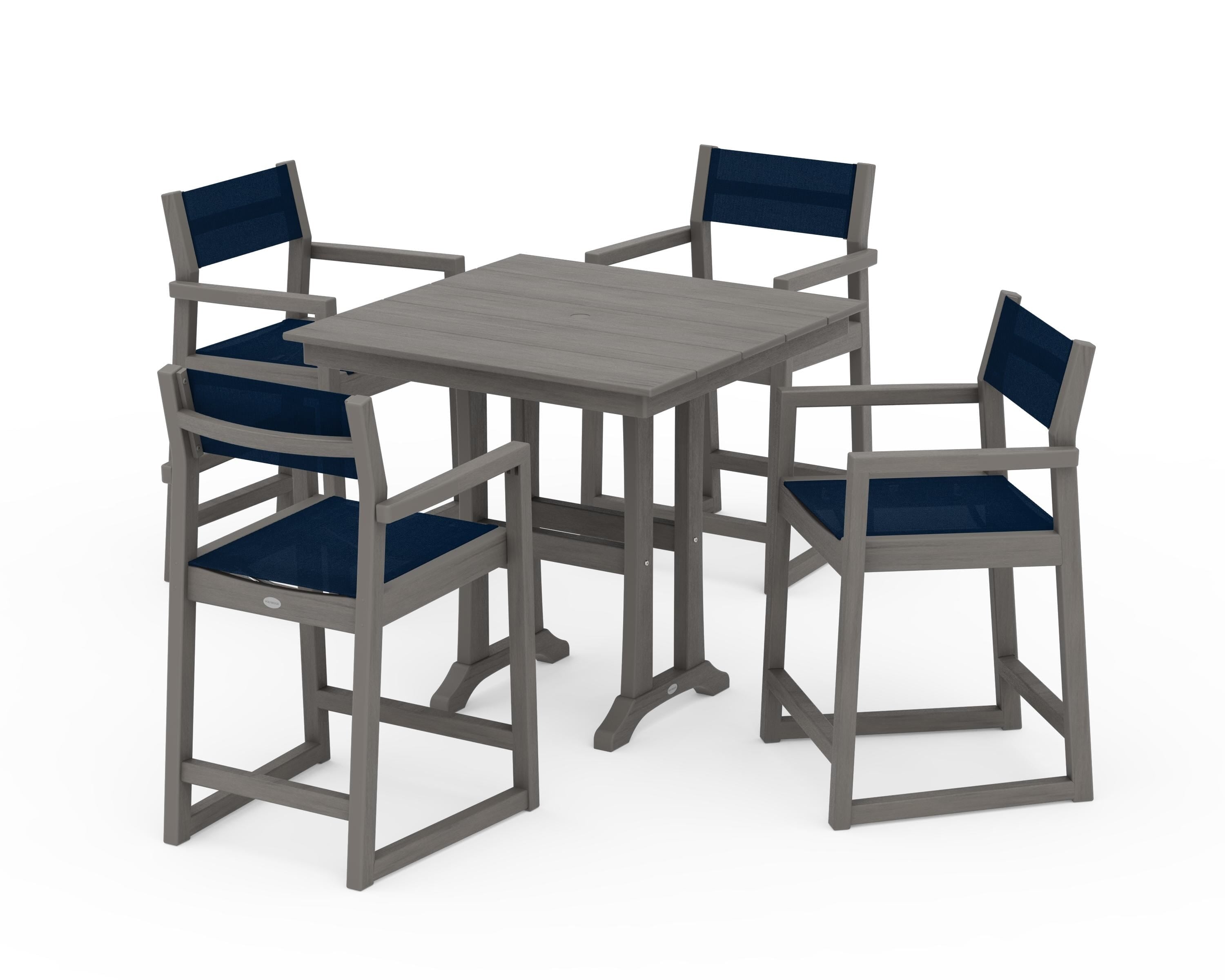 POLYWOOD EDGE Sling Arm Chair 5-Piece Farmhouse Counter Set with Trestle Legs in Driftwood / Navy Blue Sling