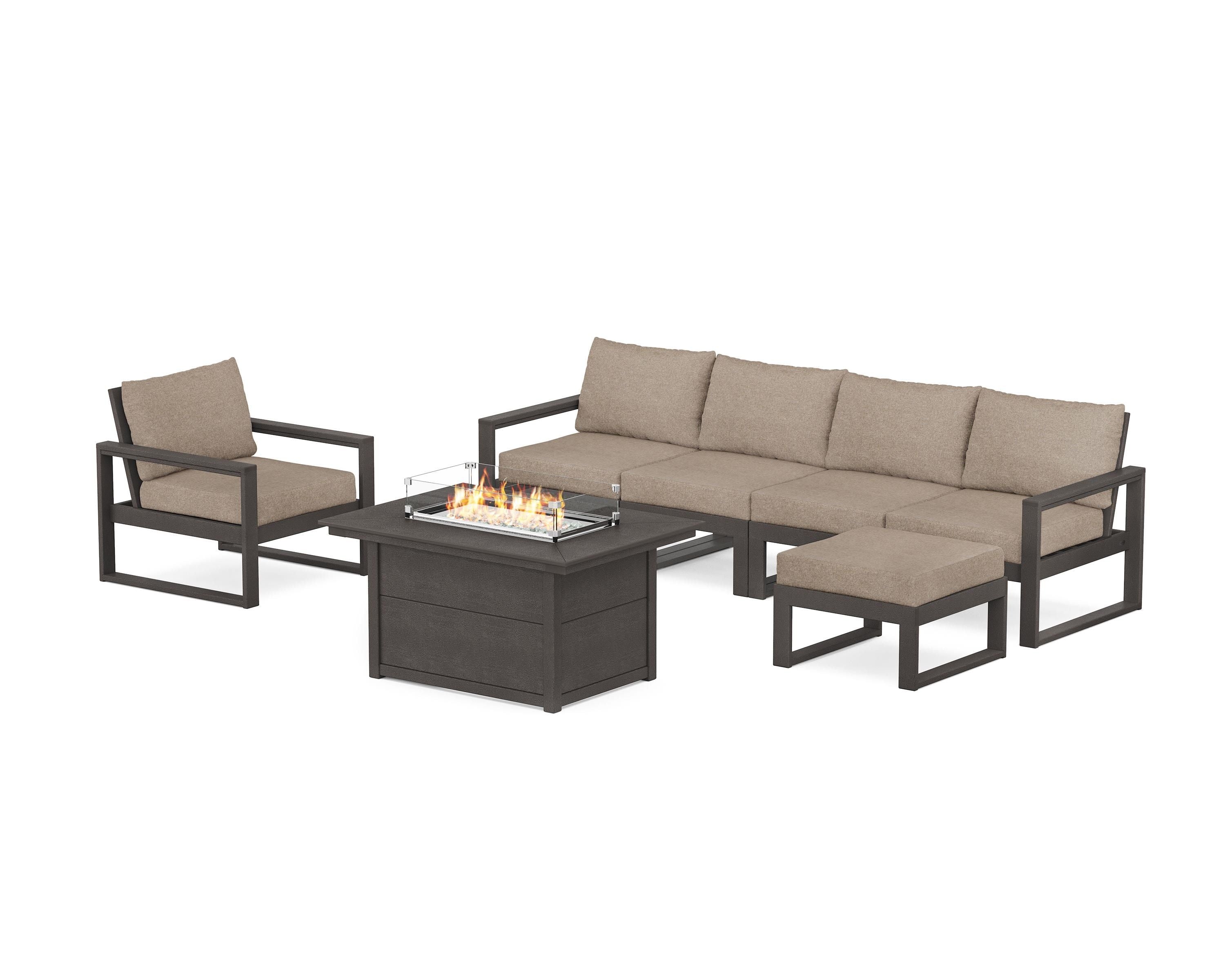 POLYWOOD EDGE Sectional Lounge and Fire Pit Set in Vintage Coffee / Spiced Burlap