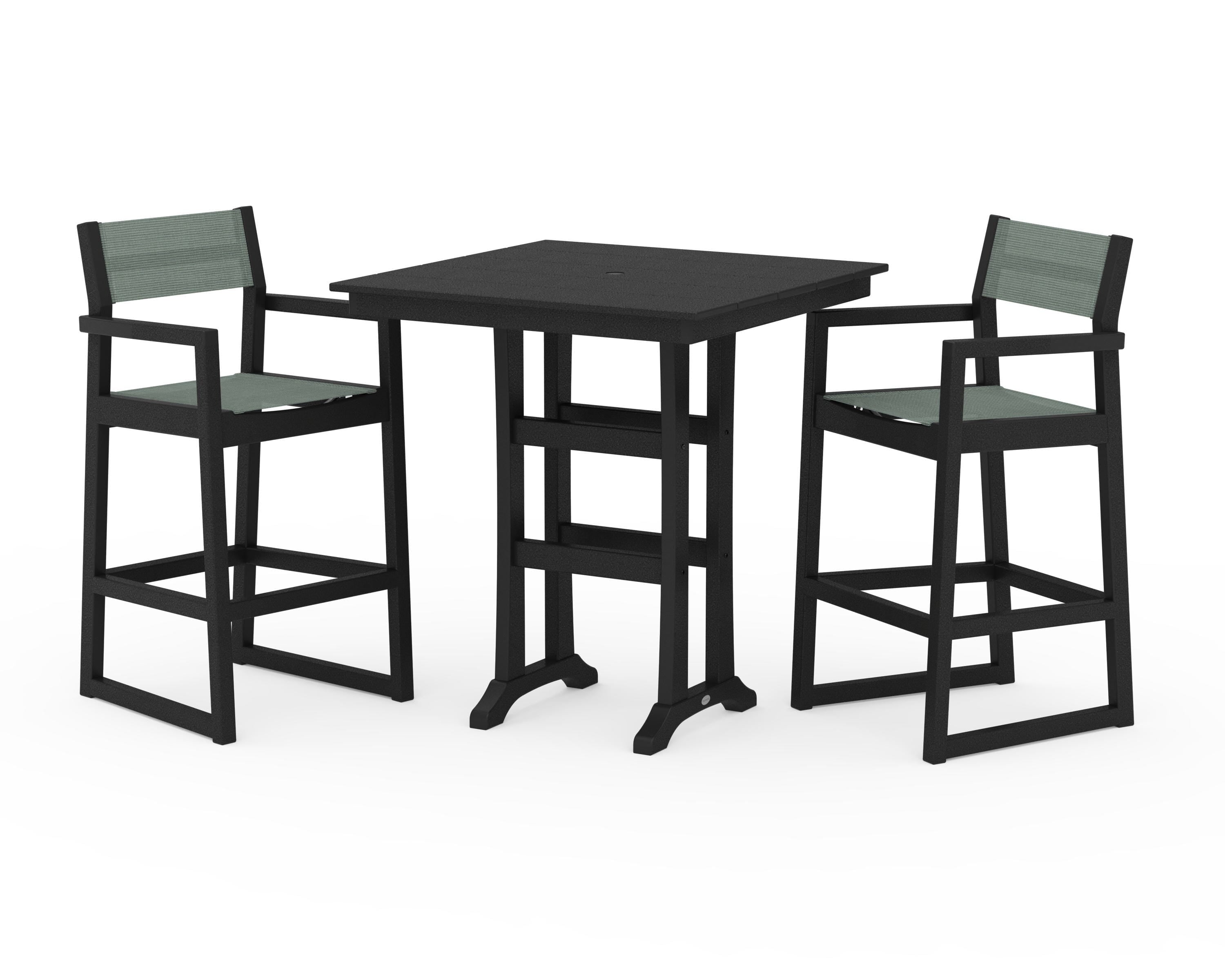 POLYWOOD EDGE Sling Arm Chair 3-Piece Farmhouse Bar Set with Trestle Legs in Black / Dupioni Sea Mist Sling