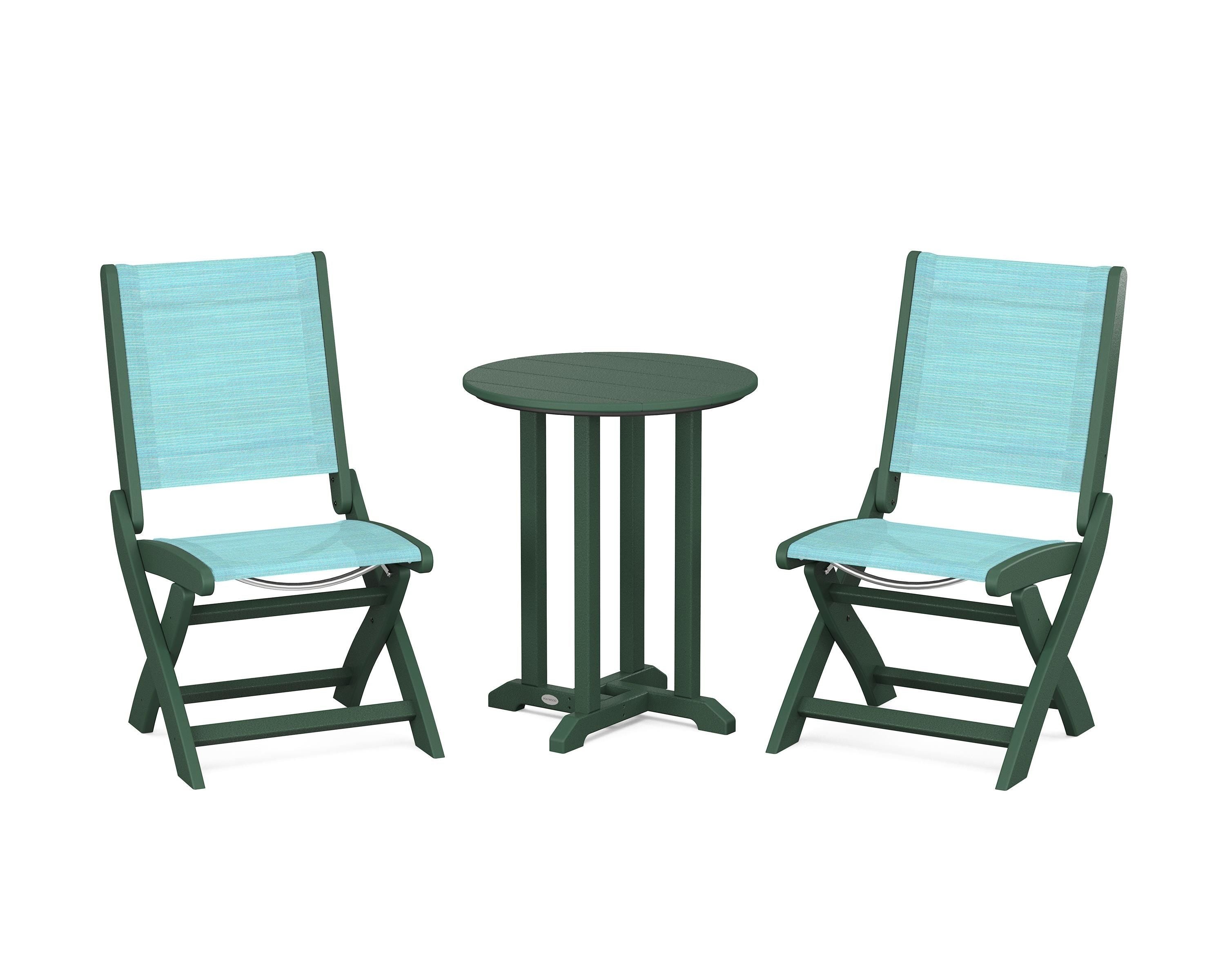 POLYWOOD Coastal Folding Side Chair 3-Piece Round Bistro Dining Set in Green / Dupioni Aquamarine Sling