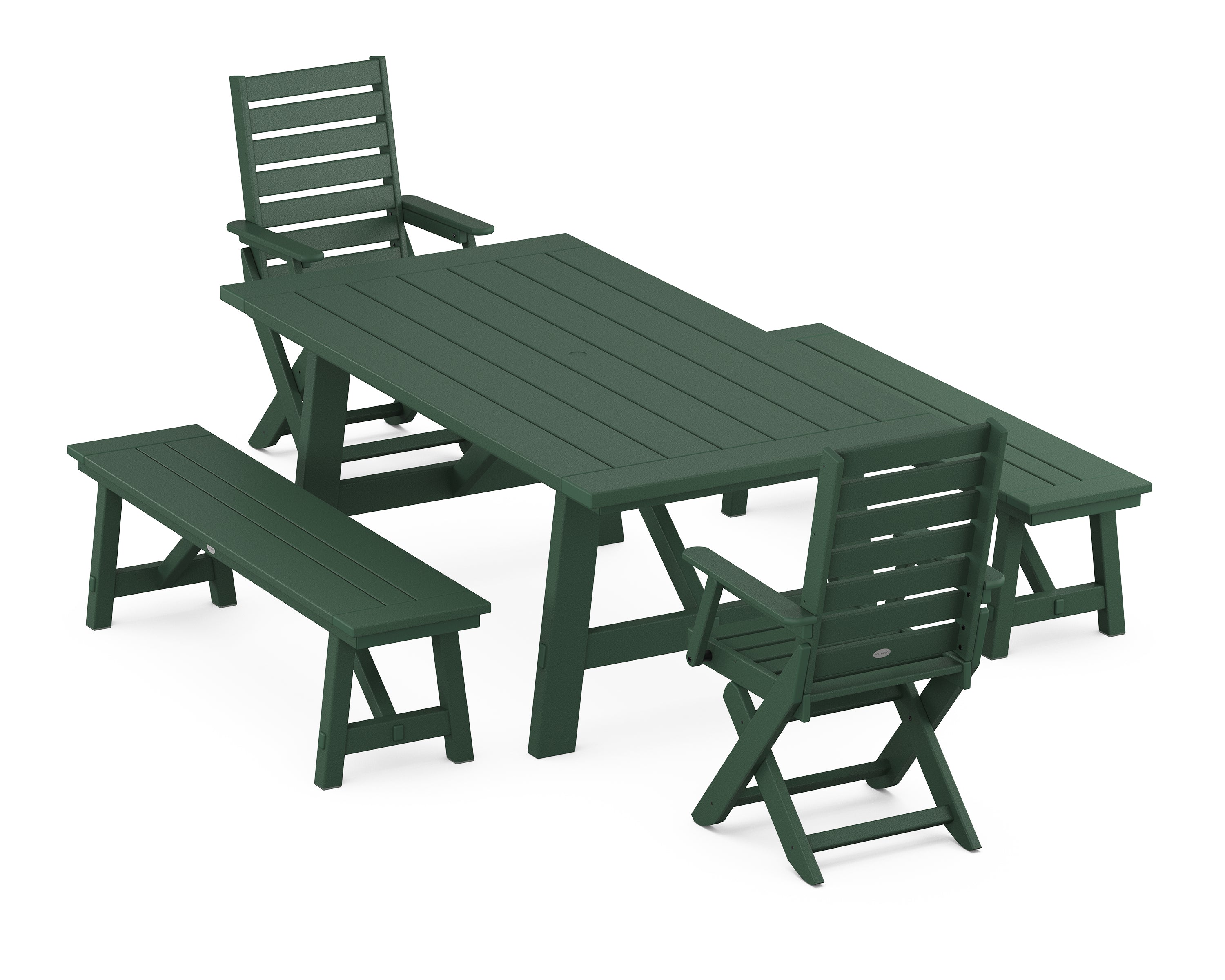 POLYWOOD Captain Folding Chair 5-Piece Rustic Farmhouse Dining Set With Benches in Green