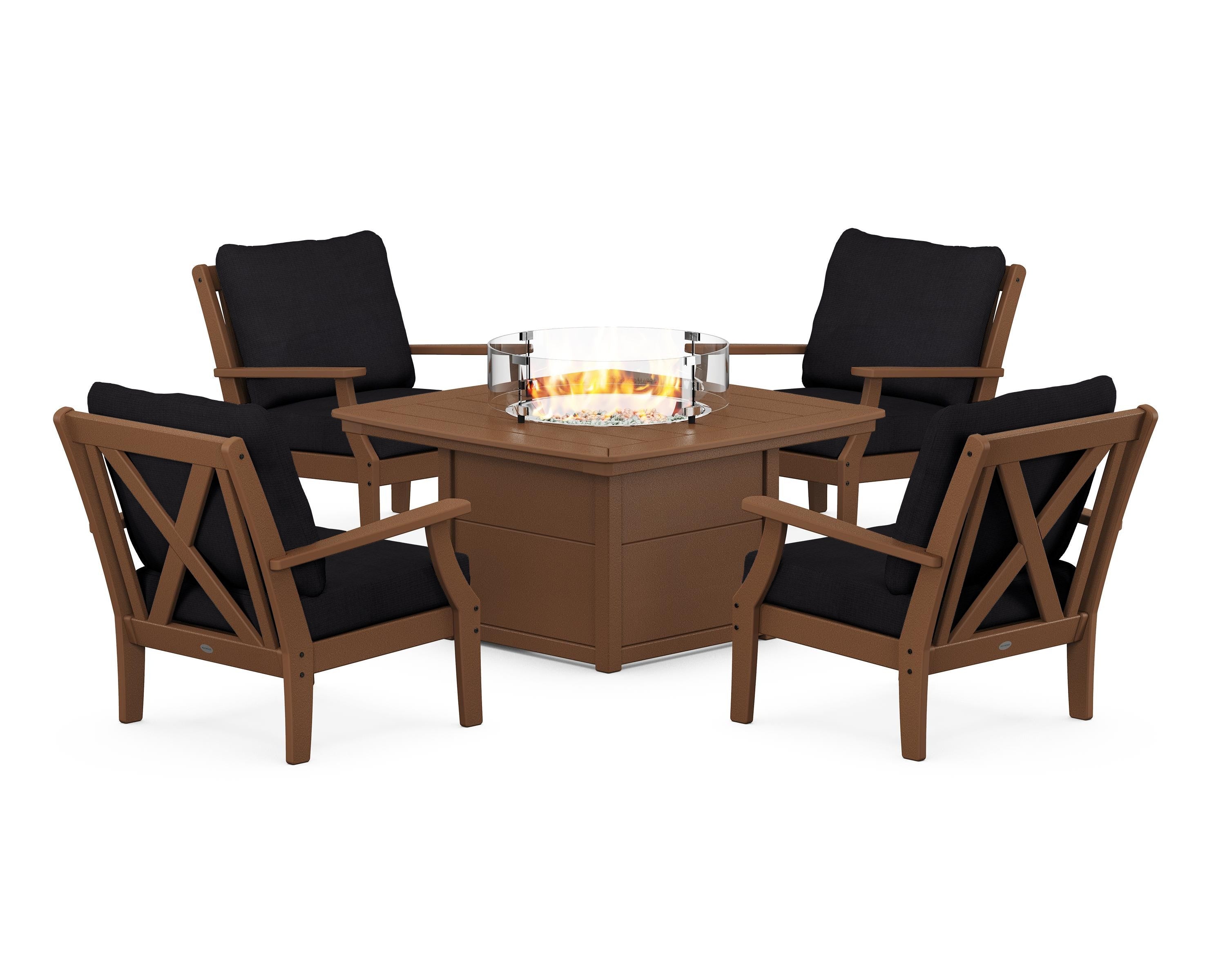 POLYWOOD Braxton 5-Piece Deep Seating Conversation Set with Fire Pit Table in Teak / Midnight Linen