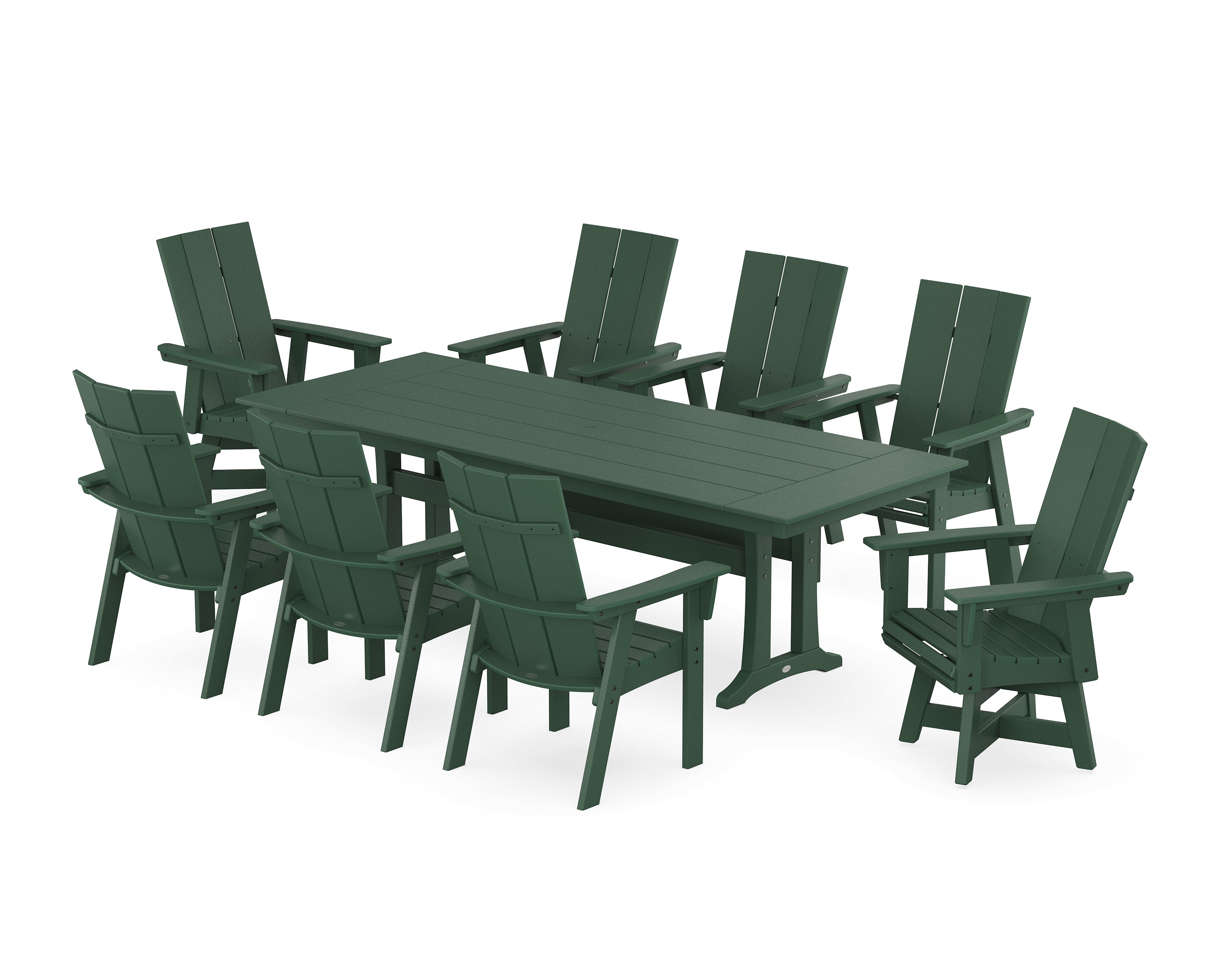 POLYWOOD® Modern Curveback Adirondack Swivel 9-Piece Farmhouse Dining Set with Trestle Legs in Green