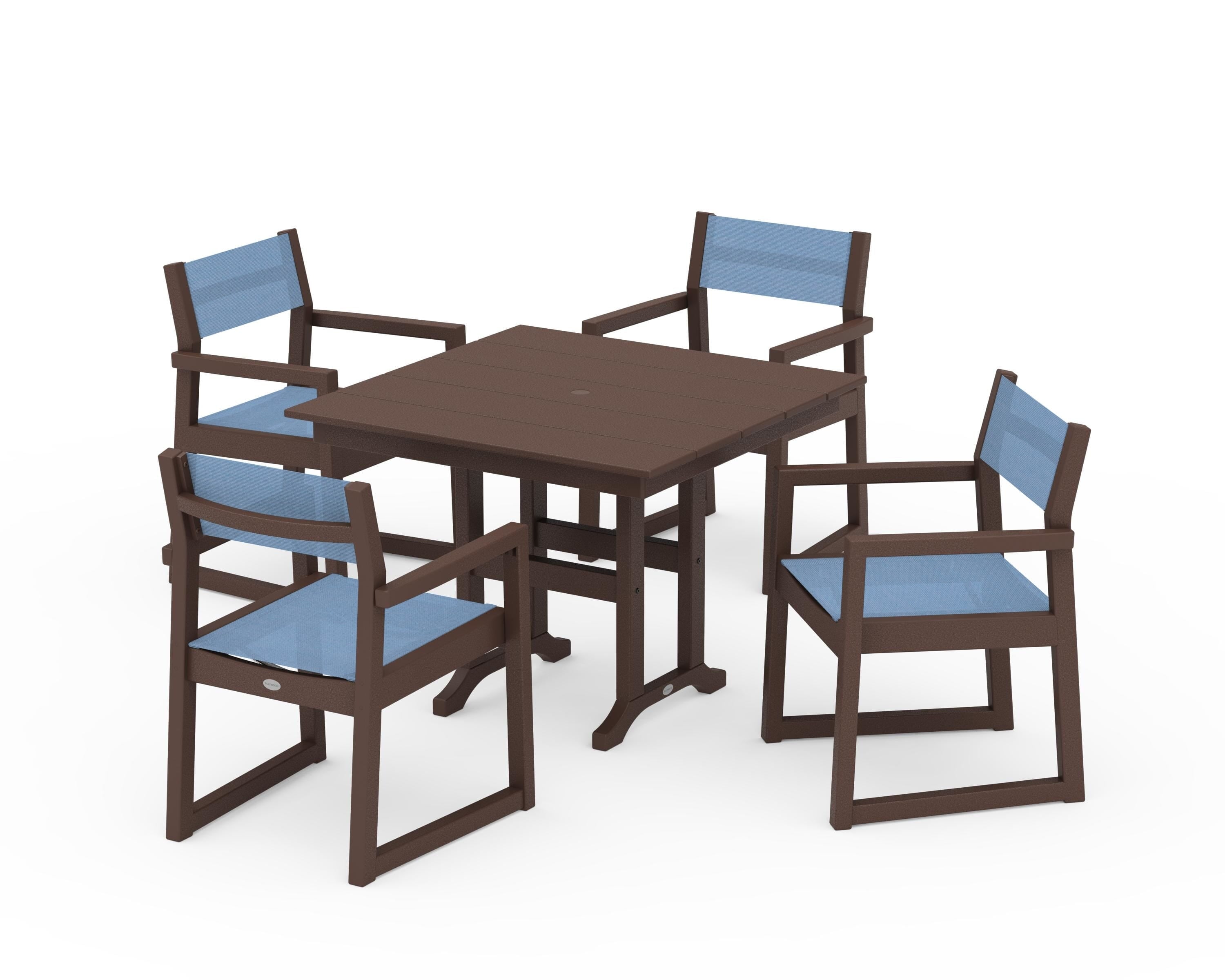 POLYWOOD EDGE Sling Arm Chair 5-Piece Farmhouse Dining Set in Mahogany / Poolside Sling