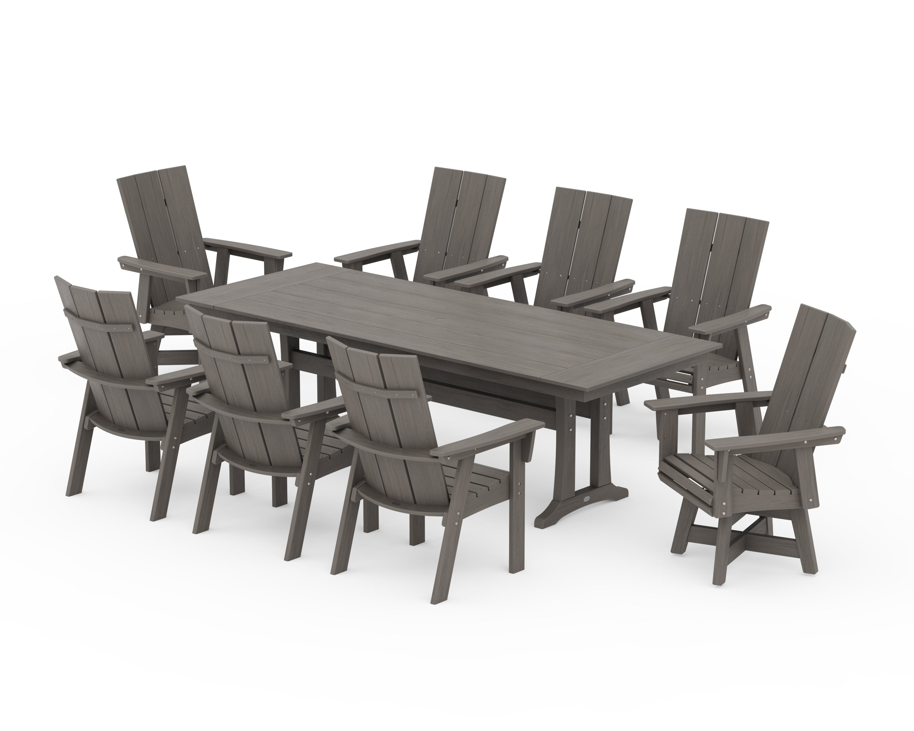 POLYWOOD Modern Curveback Adirondack Swivel 9-Piece Farmhouse Dining Set with Trestle Legs in Driftwood