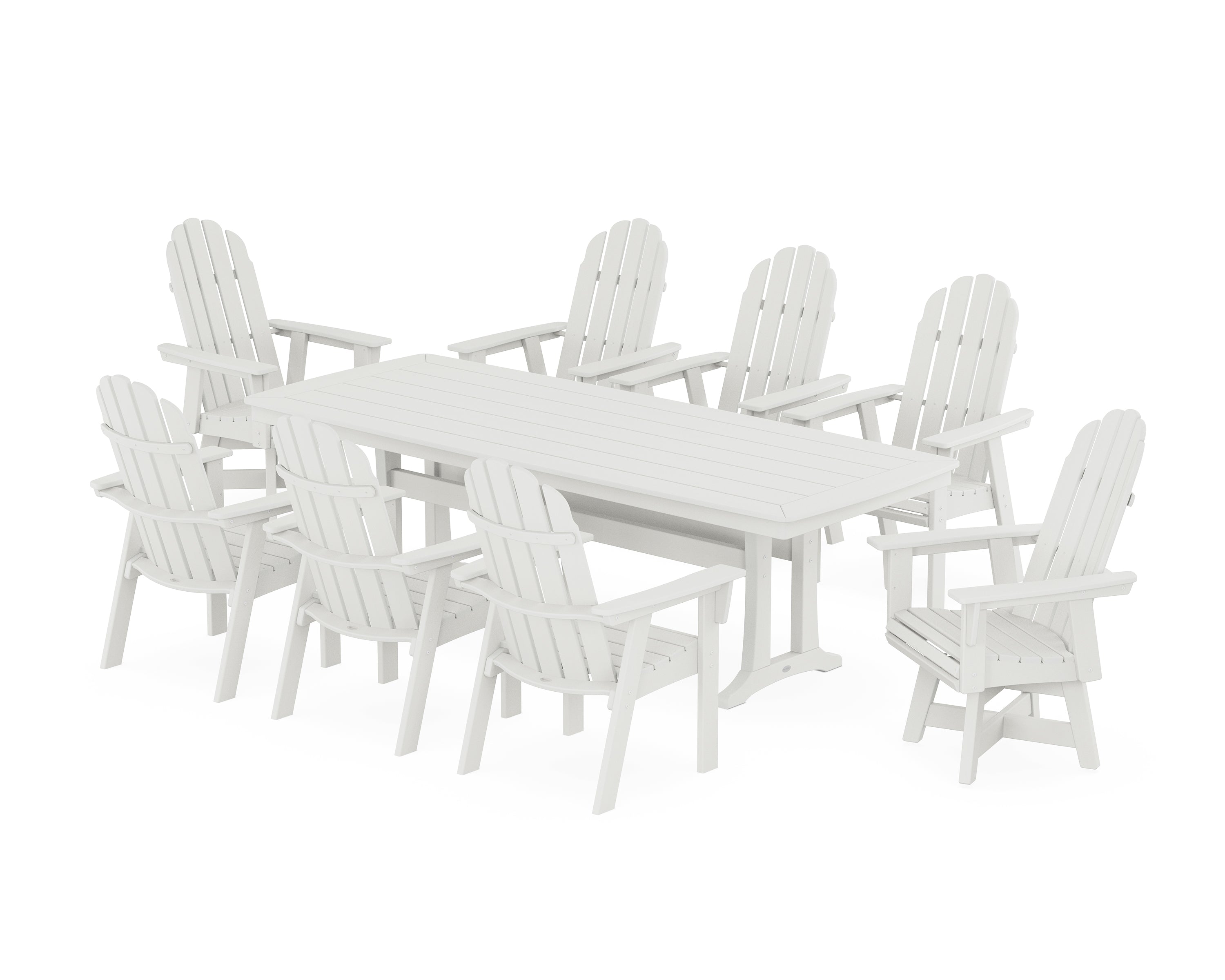 POLYWOOD® Vineyard Curveback Adirondack Swivel 9-Piece Dining Set with Trestle Legs in Vintage White