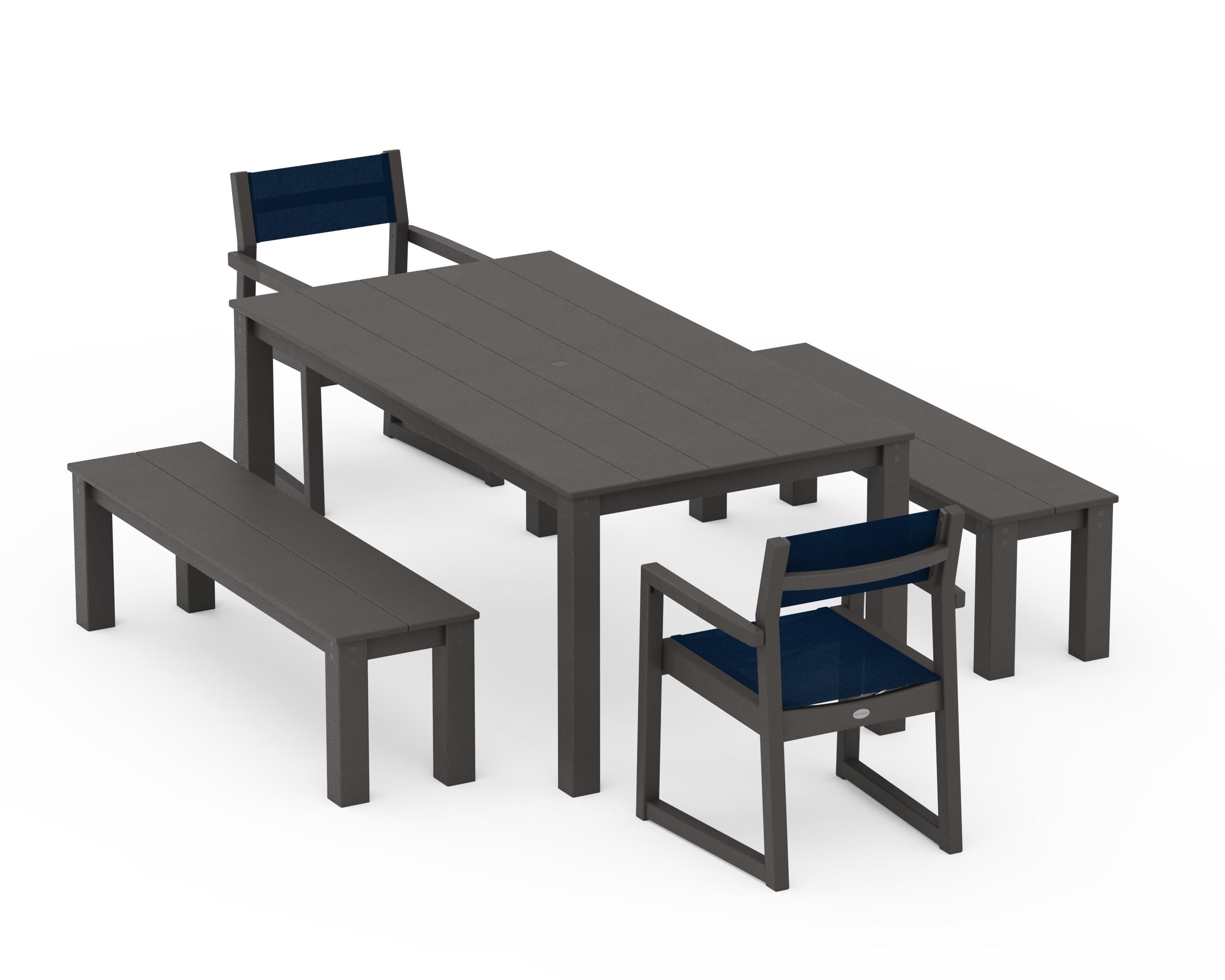 POLYWOOD EDGE Sling Arm Chair 5-Piece Parsons Dining Set with Benches in Vintage Coffee / Navy Blue Sling