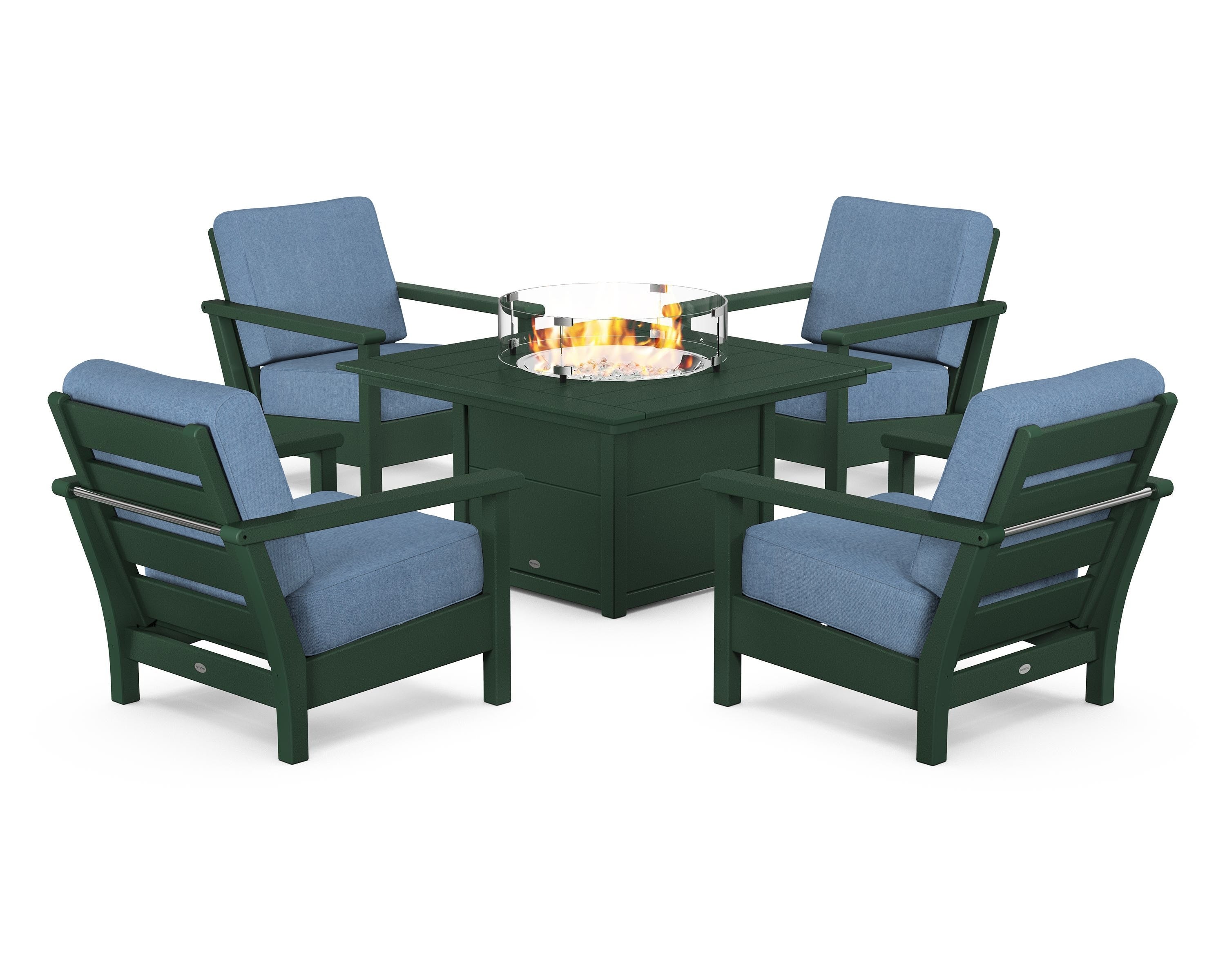 POLYWOOD Harbour 5-Piece Conversation Set with Fire Pit Table in Green / Sky Blue