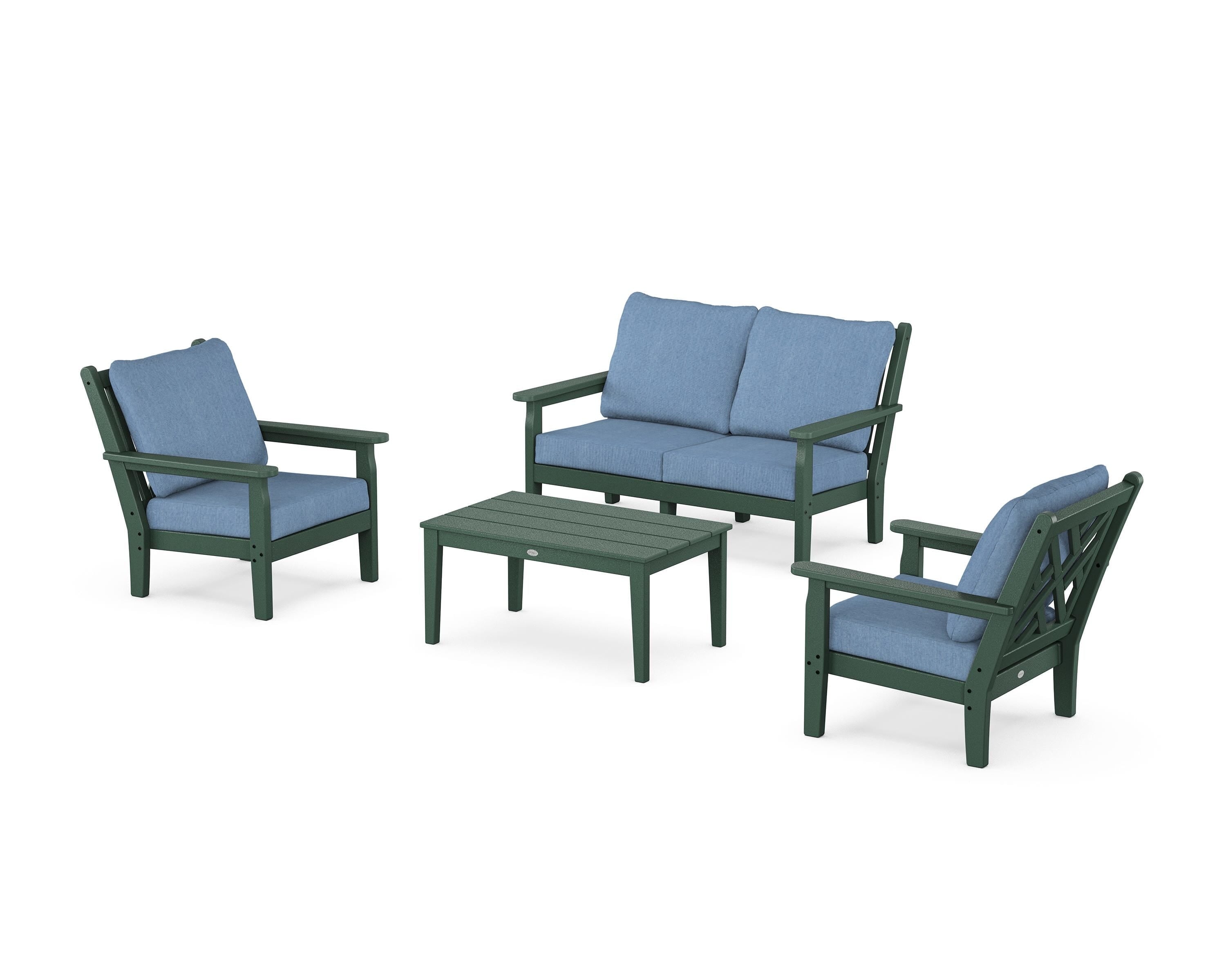POLYWOOD Chippendale 4-Piece Deep Seating Set with Loveseat in Green / Sky Blue