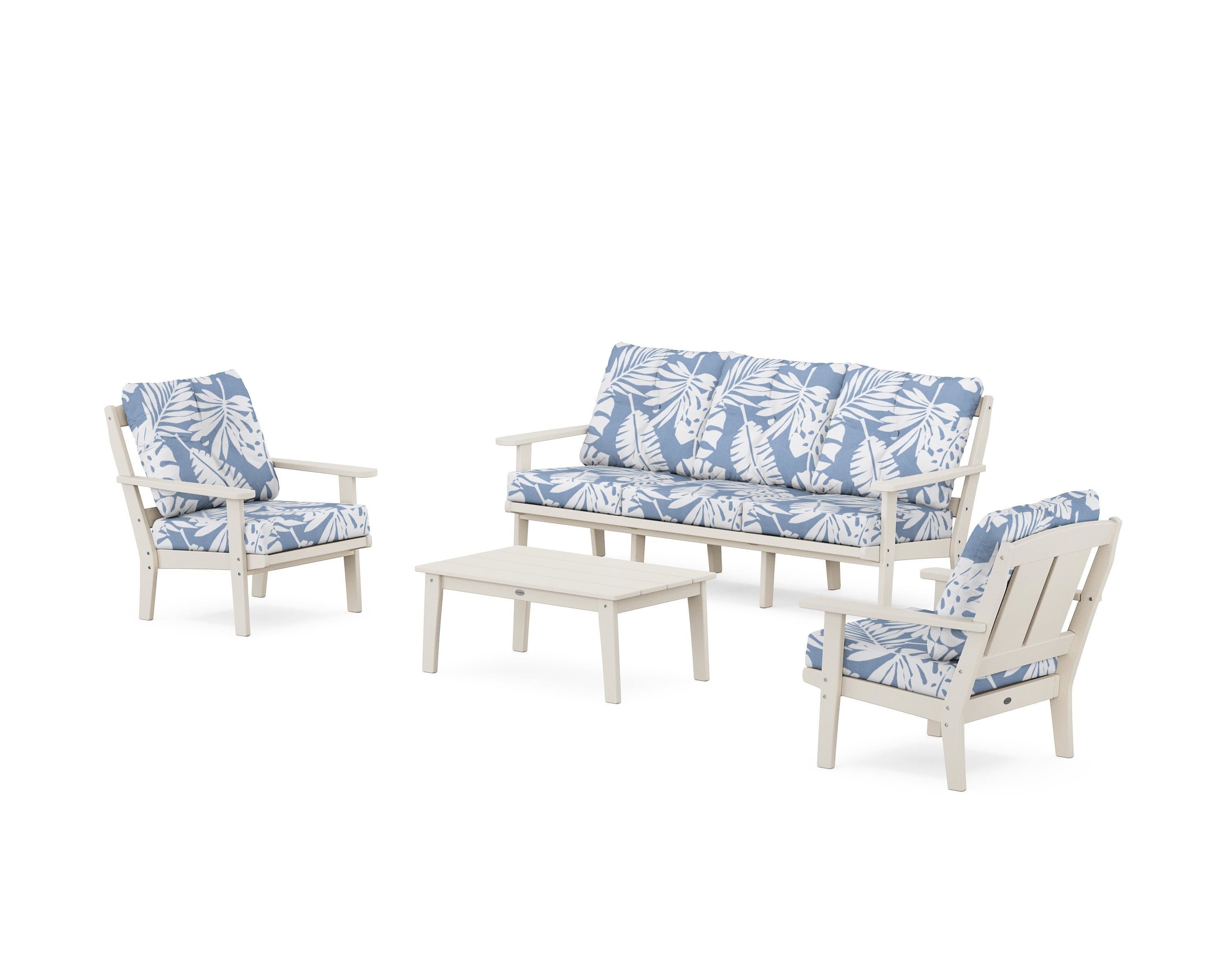 POLYWOOD Mission 4-Piece Deep Seating Set with Sofa in Sand / Leaf Sky Blue
