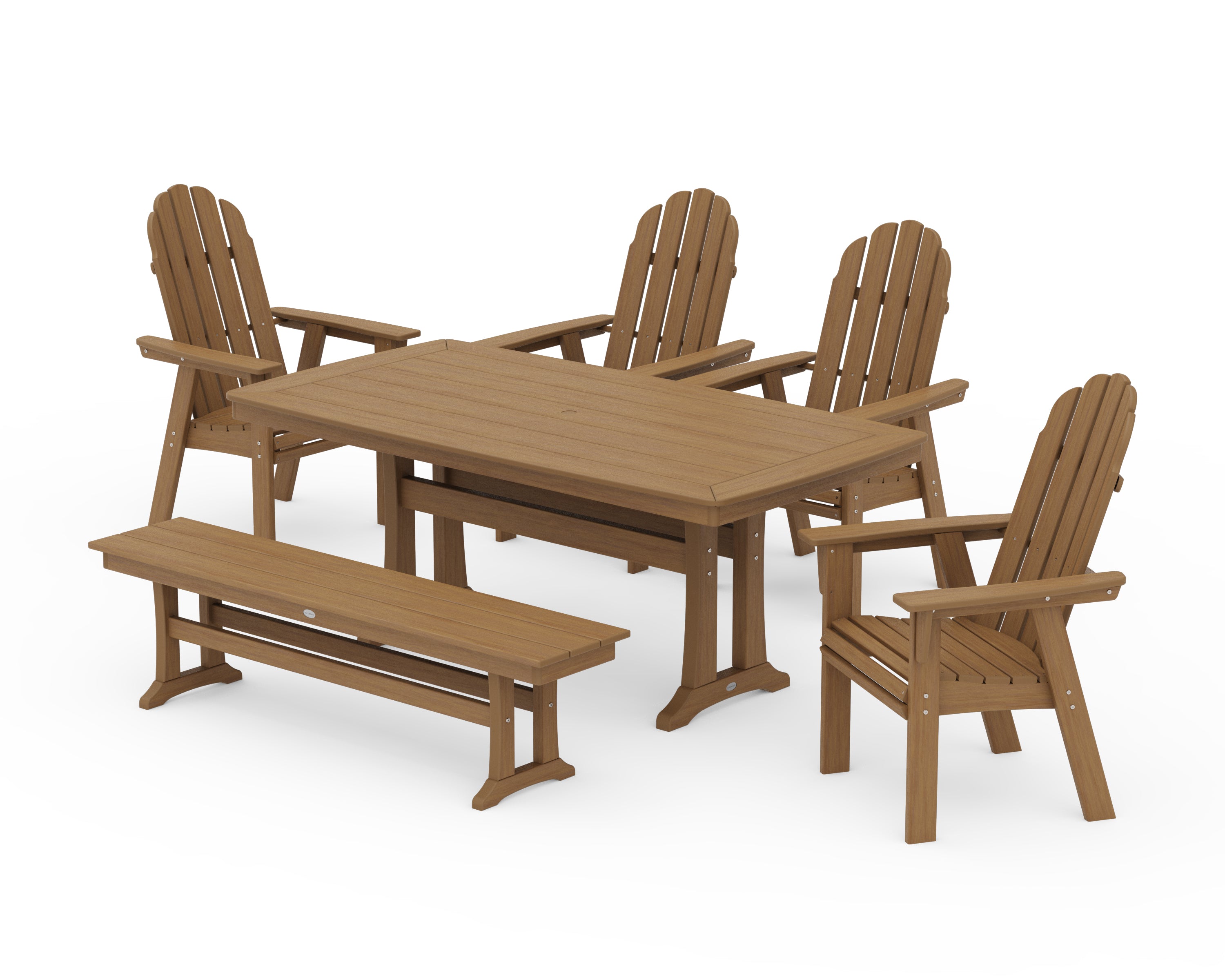 POLYWOOD Vineyard Curveback Adirondack Chair 6-Piece Dining Set with Trestle Legs and Bench in Natural