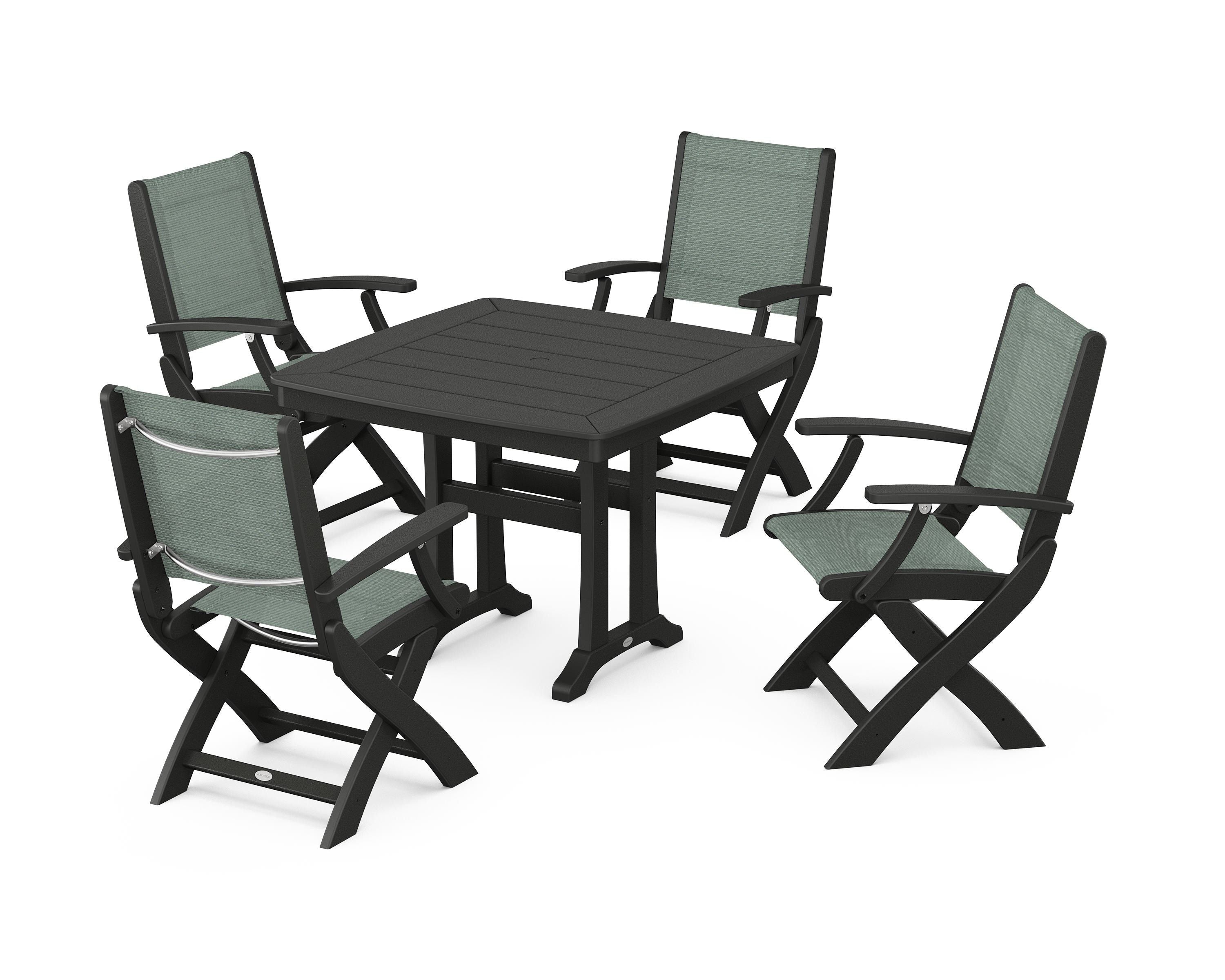 POLYWOOD Coastal Folding Chair 5-Piece Dining Set with Trestle Legs in Black / Dupioni Sea Mist Sling
