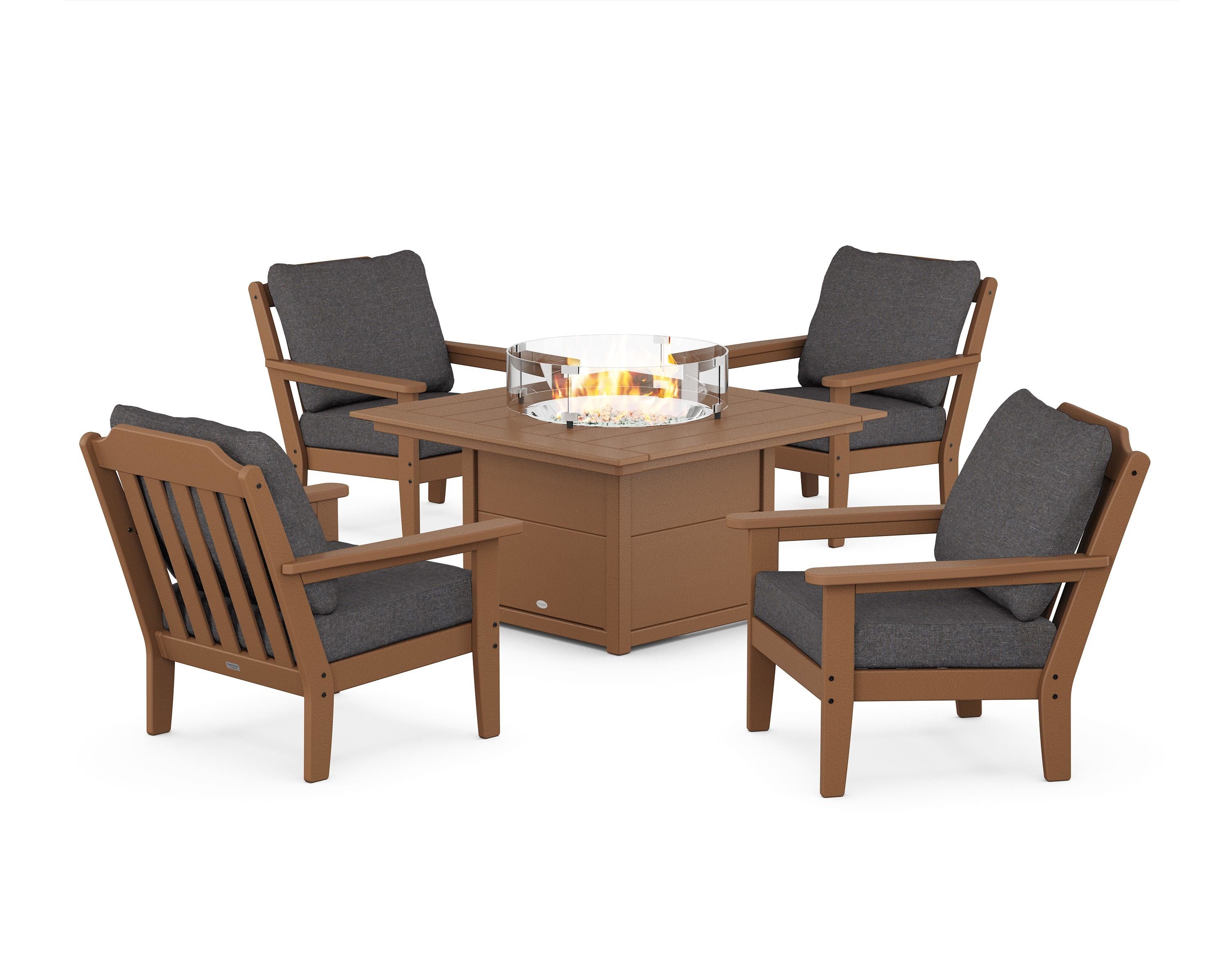 Country Living Cottage 5-Piece Deep Seating Set with Fire Pit Table in Teak / Ash Charcoal
