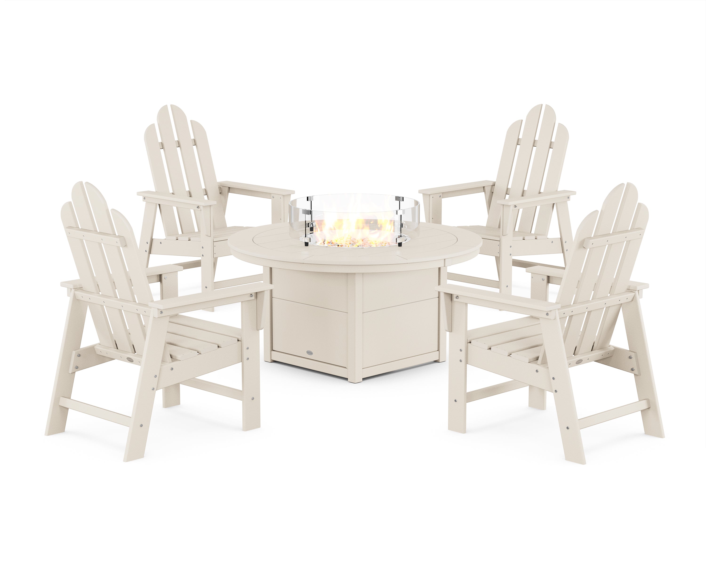 POLYWOOD Long Island 4-Piece Upright Adirondack Conversation Set with Fire Pit Table in Sand