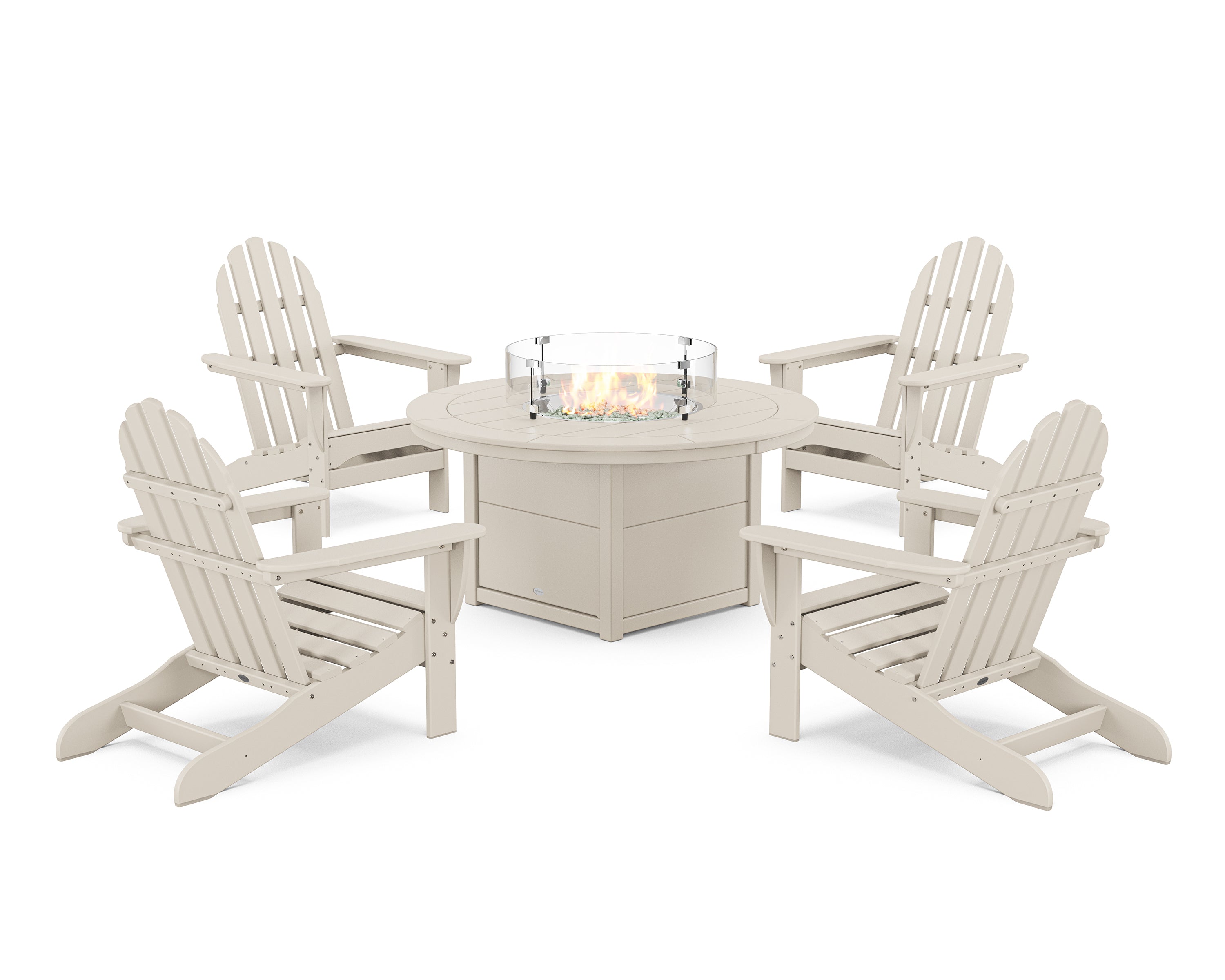 POLYWOOD Classic Adirondack 5-Piece Conversation Set with Fire Pit Table in Sand