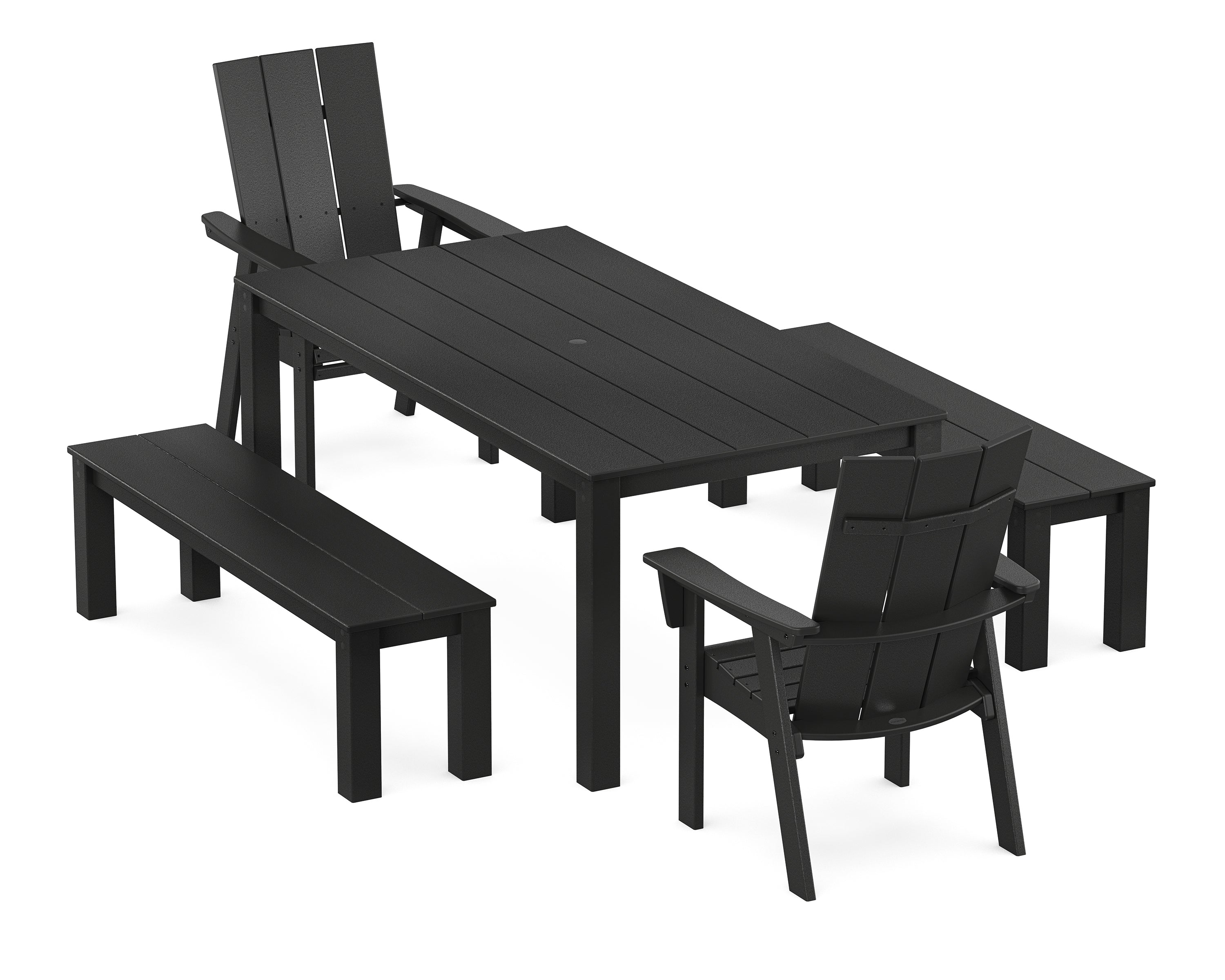 POLYWOOD Modern Curveback Adirondack 5-Piece Parsons Dining Set with Benches in Black