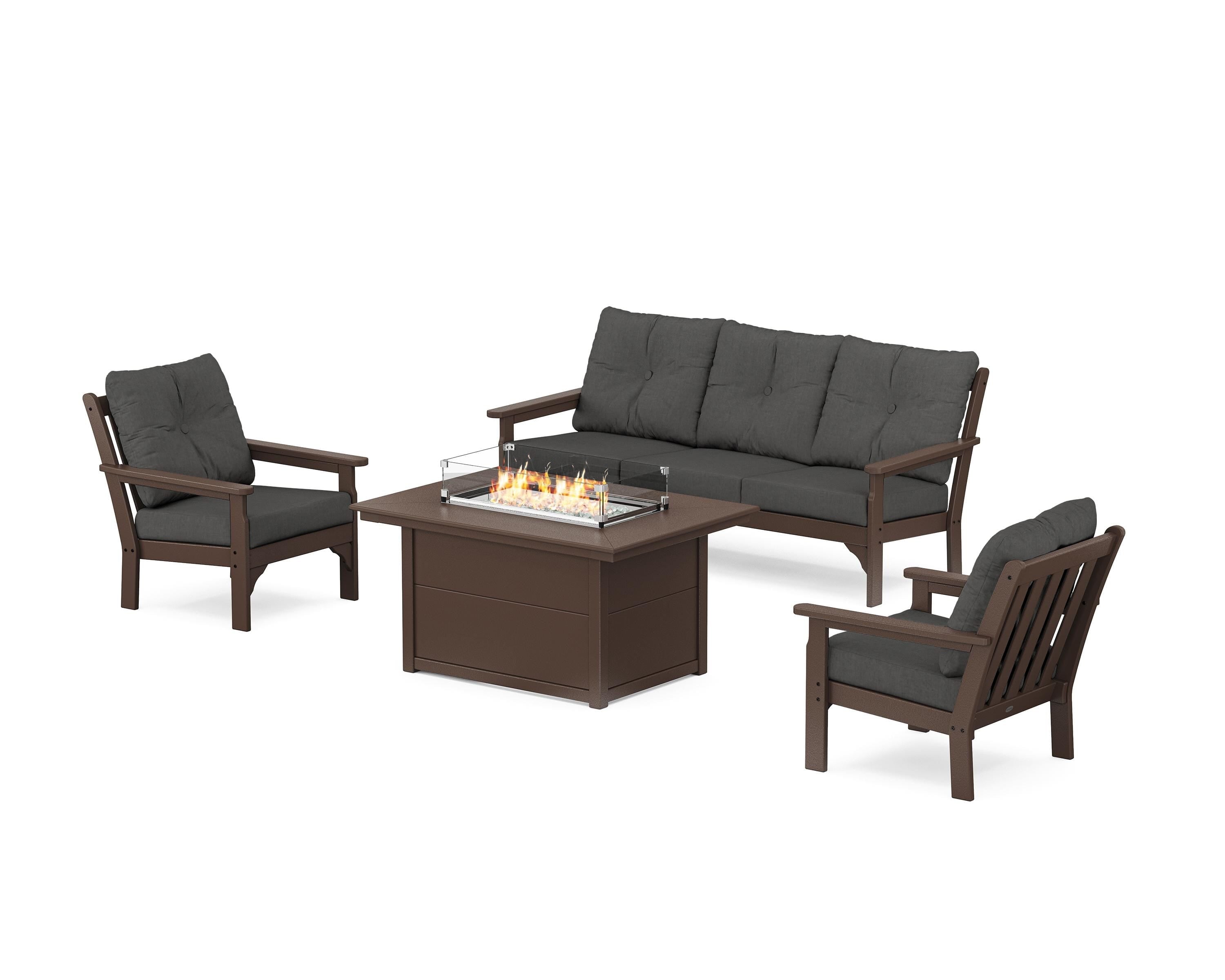 POLYWOOD Vineyard Deep Seating Fire Pit Table Set in Mahogany / Spectrum Carbon