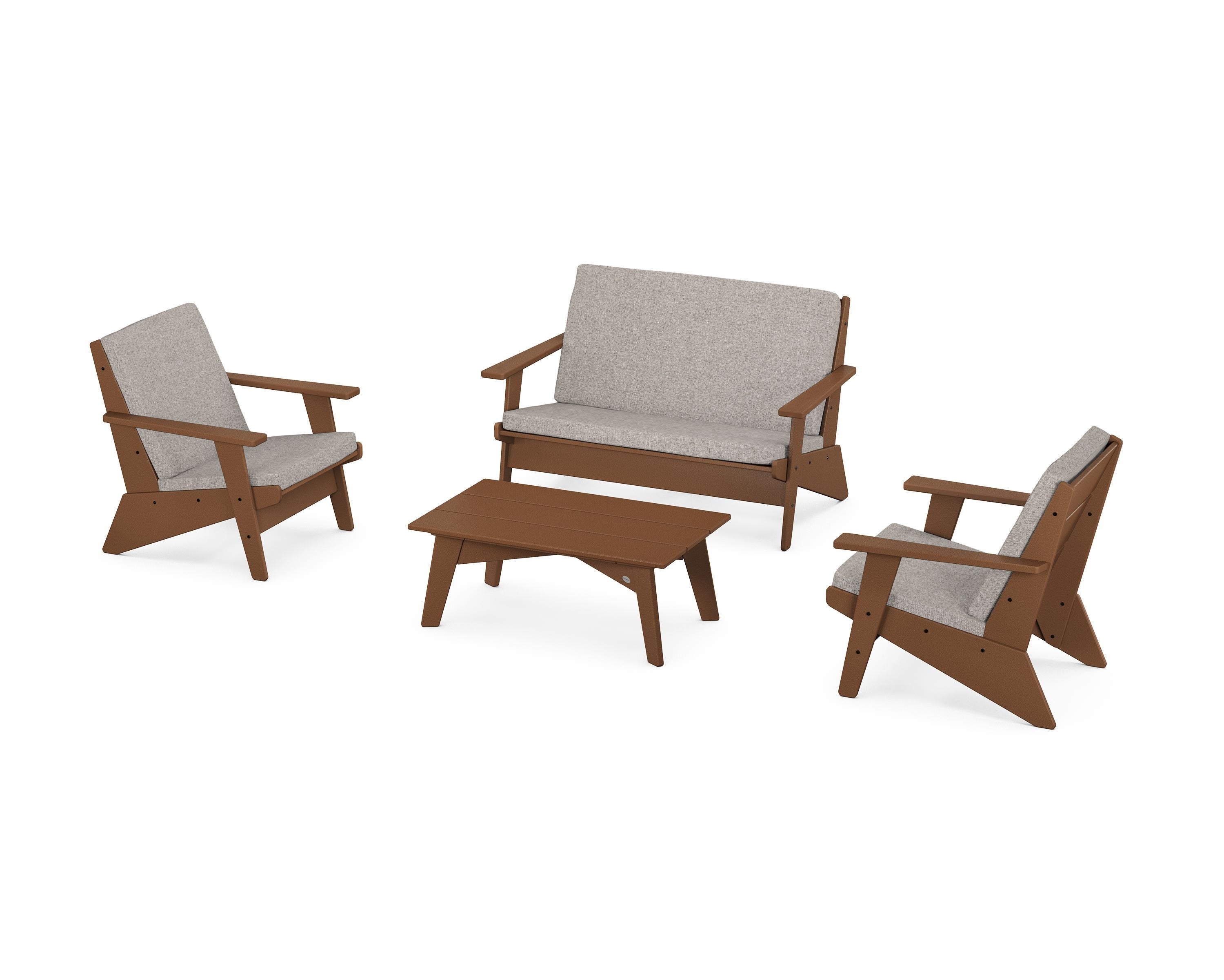 POLYWOOD Riviera Modern Lounge 4-Piece Set in Teak / Weathered Tweed