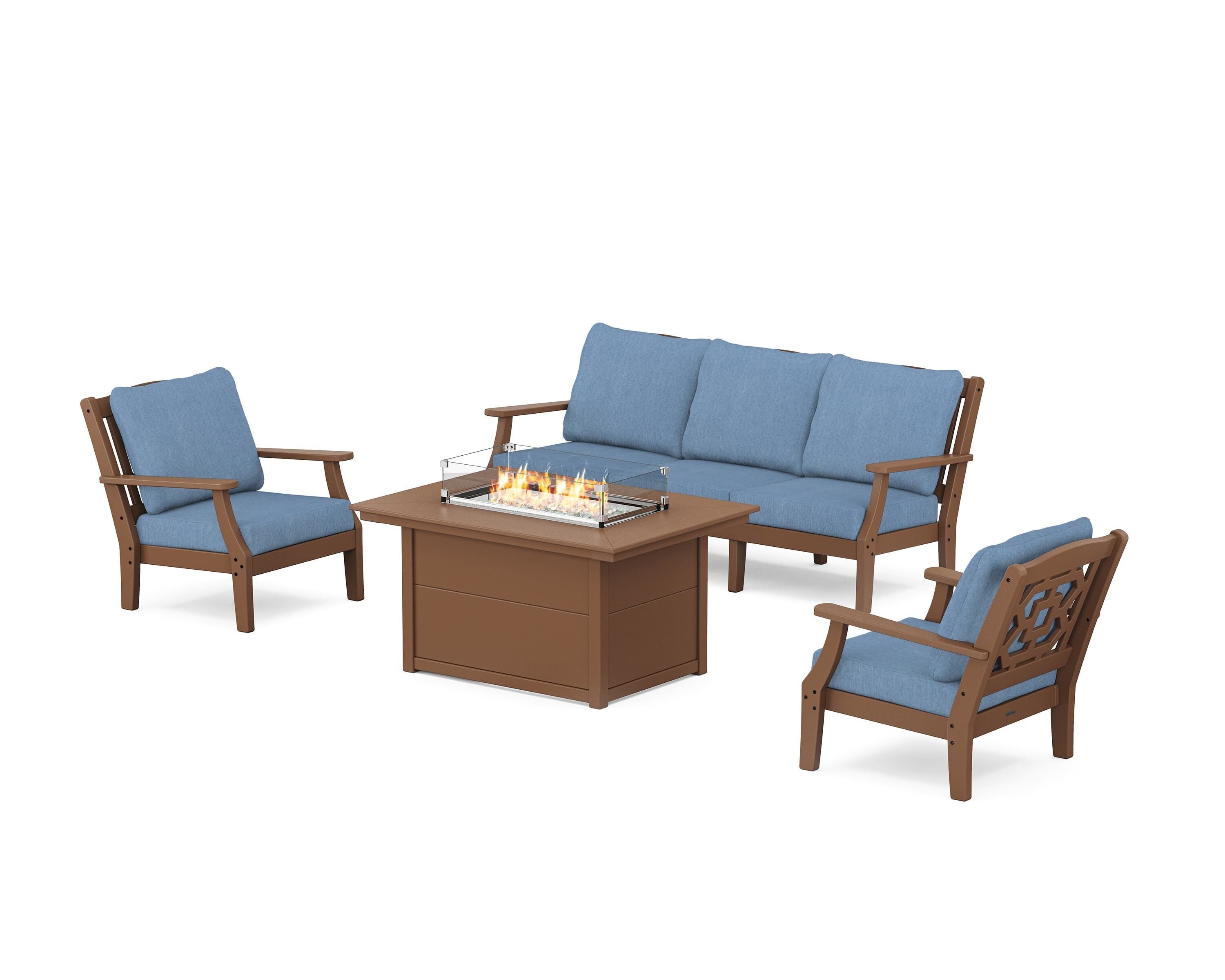 Martha Stewart by POLYWOOD Chinoiserie Deep Seating Fire Pit Table Set in Teak / Sky Blue