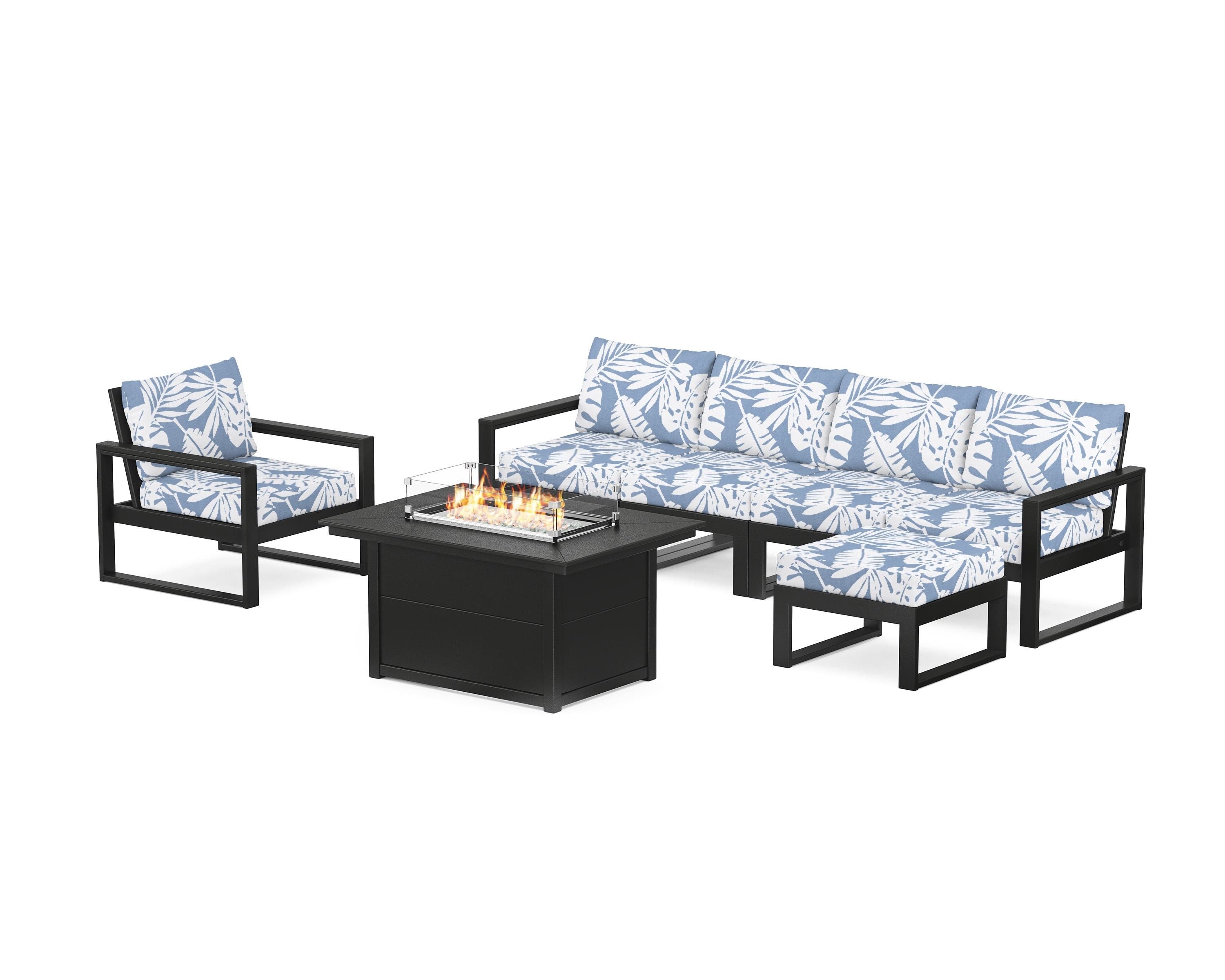 POLYWOOD EDGE Sectional Lounge and Fire Pit Set in Black / Leaf Sky Blue