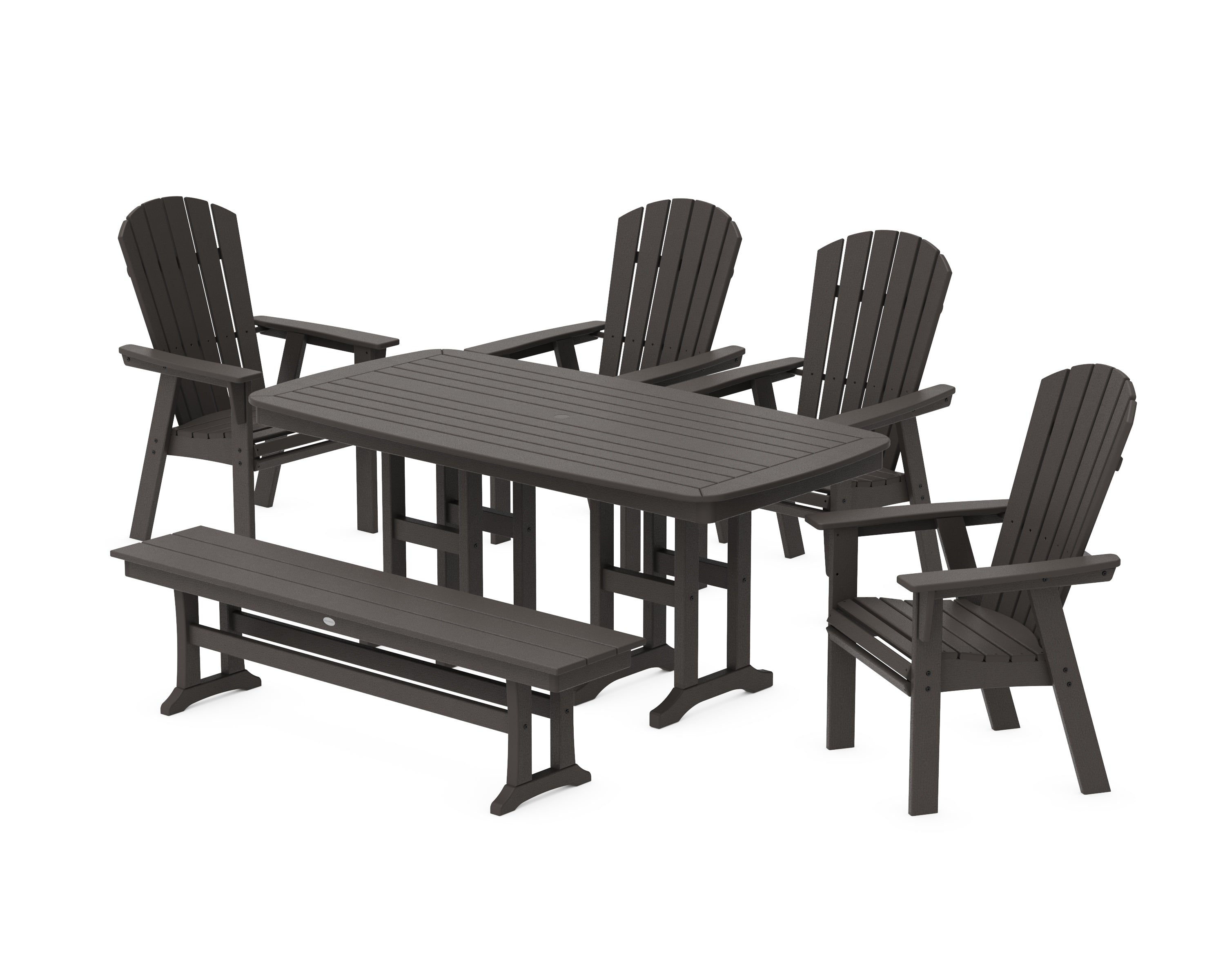 POLYWOOD Nautical Curveback Adirondack 6-Piece Dining Set with Bench in Vintage Coffee