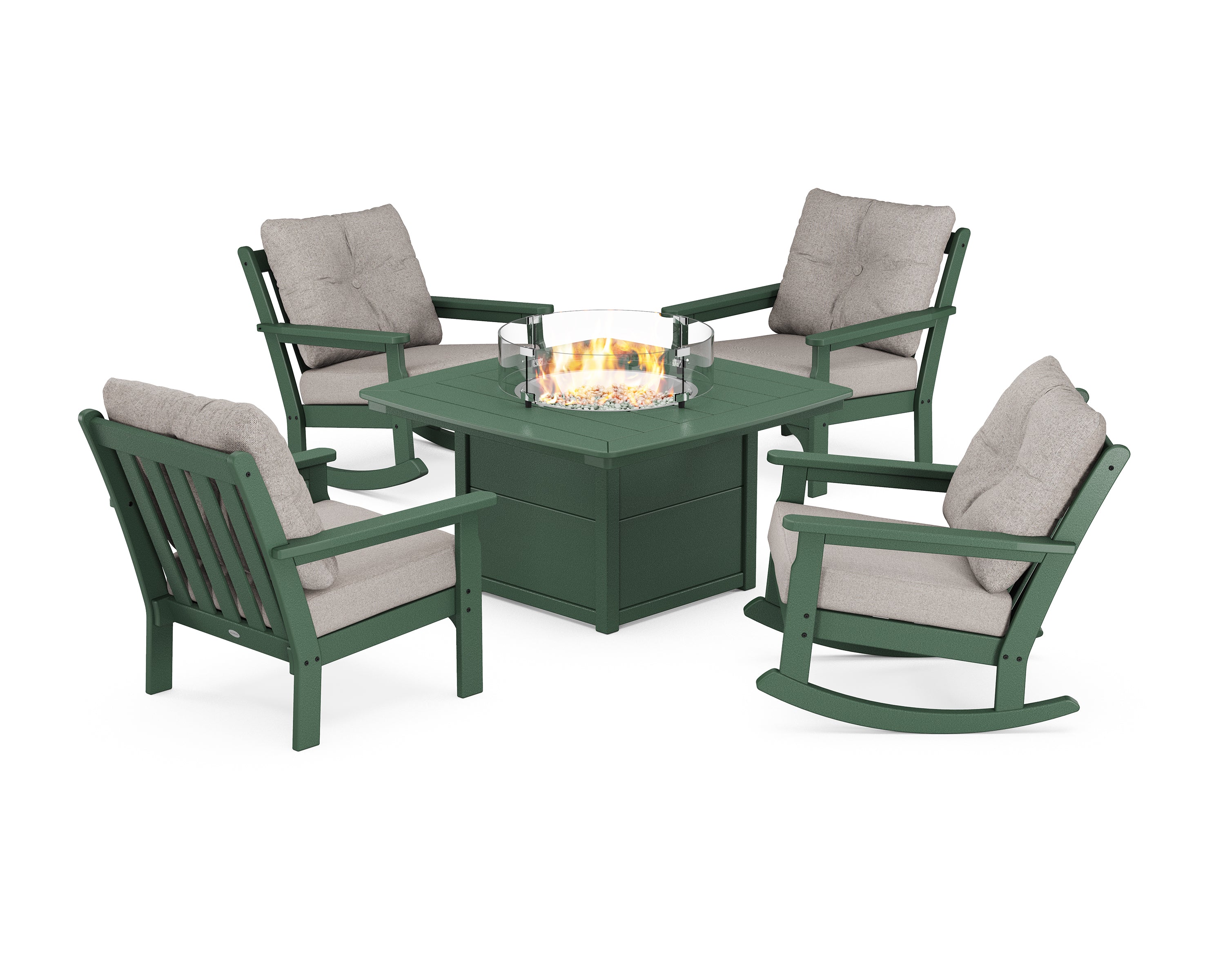 POLYWOOD Vineyard 5-Piece Deep Seating Rocking Chair Conversation Set with Fire Pit Table in Green / Weathered Tweed