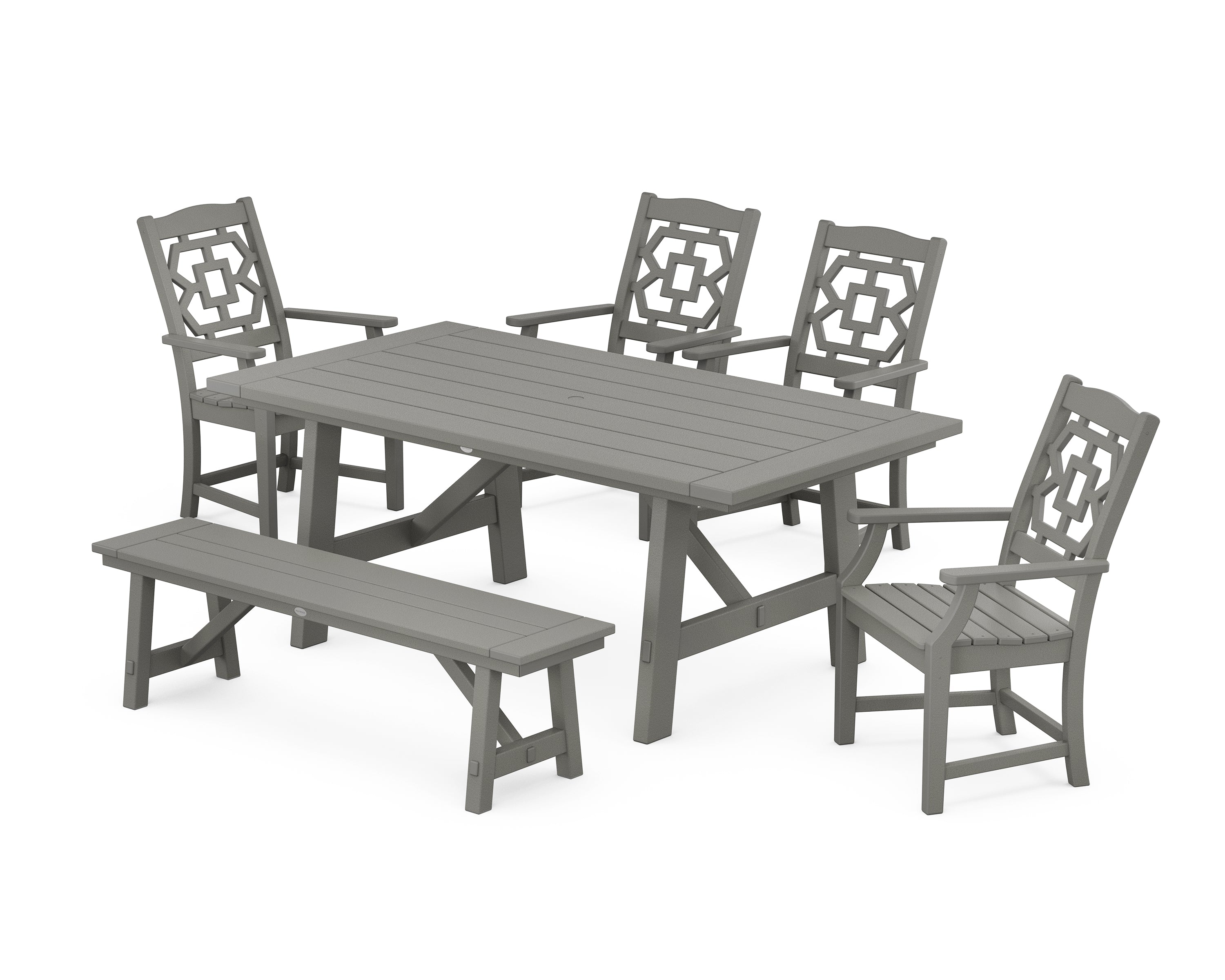 Martha Stewart by POLYWOOD® Chinoiserie 6-Piece Rustic Farmhouse Dining Set with Bench in Slate Grey