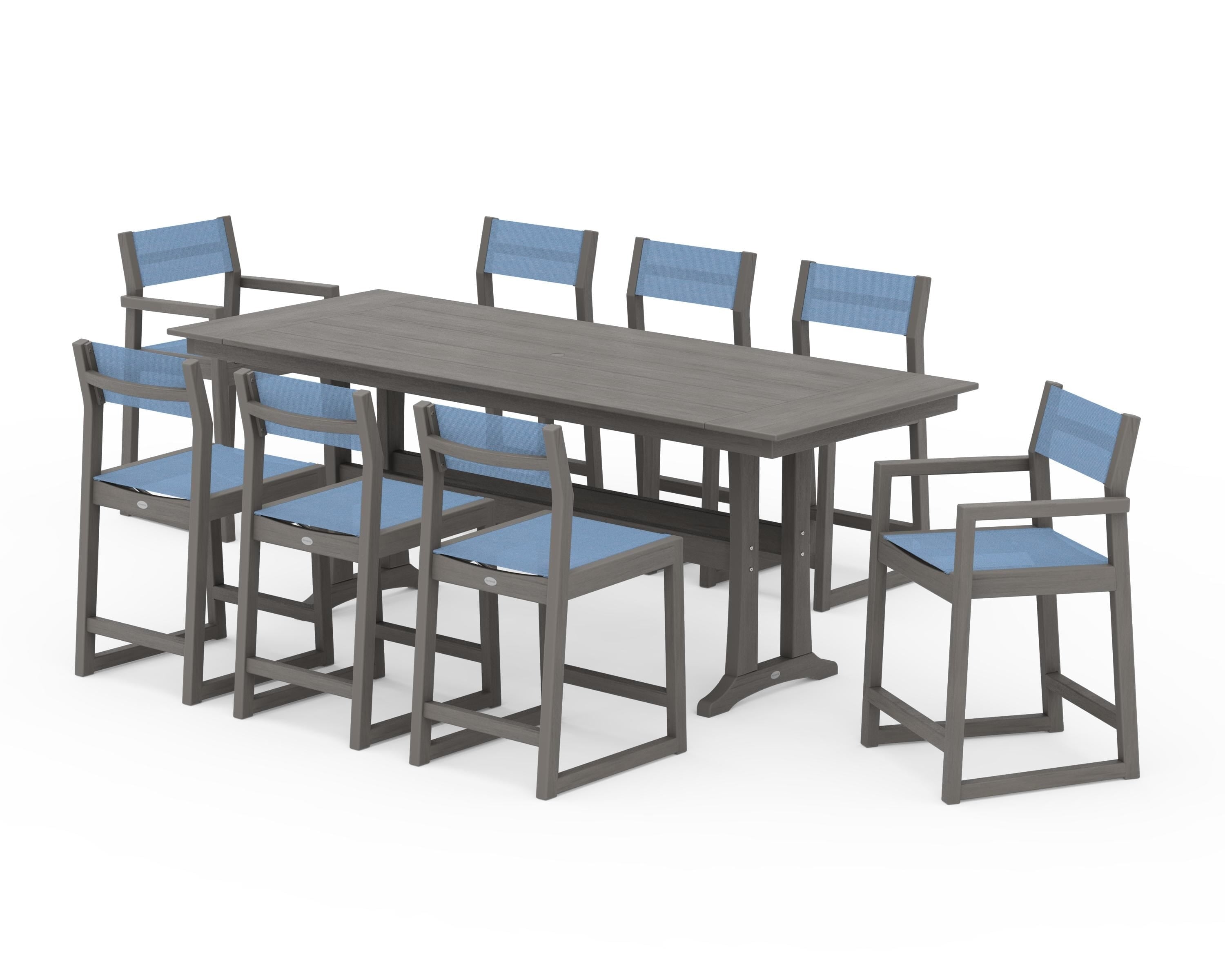 POLYWOOD EDGE Sling 9-Piece Farmhouse Counter Set with Trestle Legs in Driftwood / Poolside Sling
