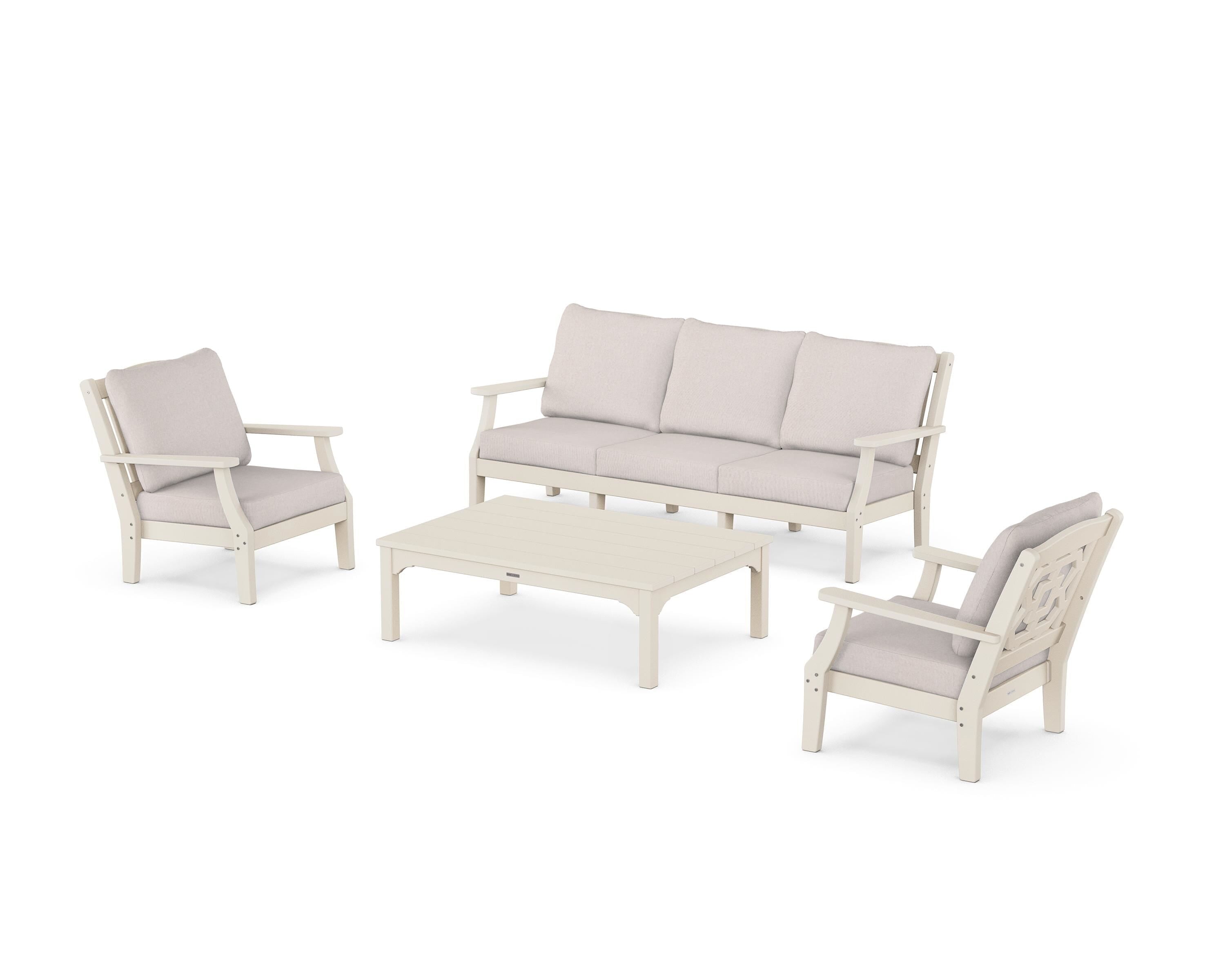 Martha Stewart by POLYWOOD Chinoiserie 4-Piece Deep Seating Set with Sofa in Sand / Dune Burlap