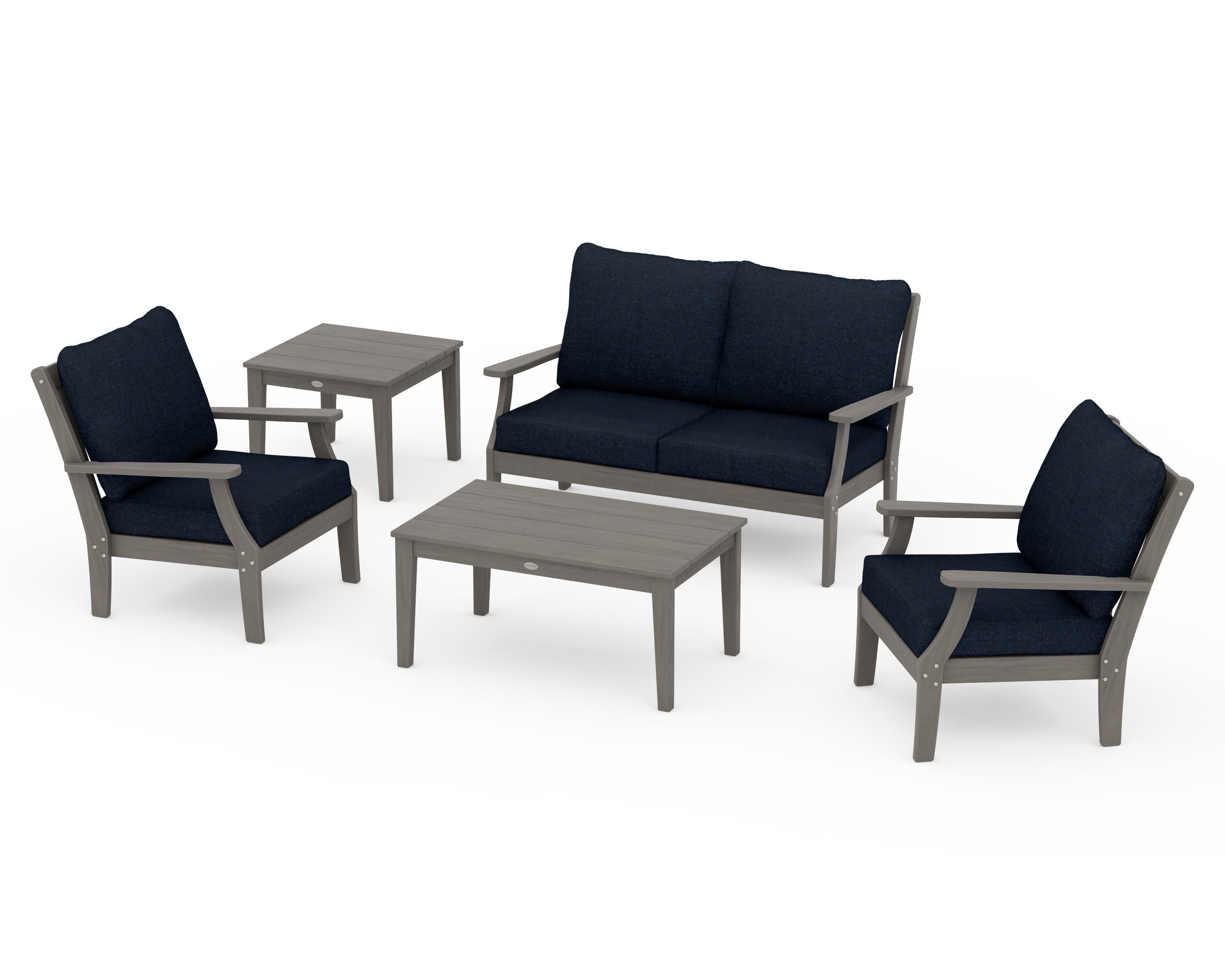 POLYWOOD Braxton 5-Piece Deep Seating Set in Driftwood / Marine Indigo