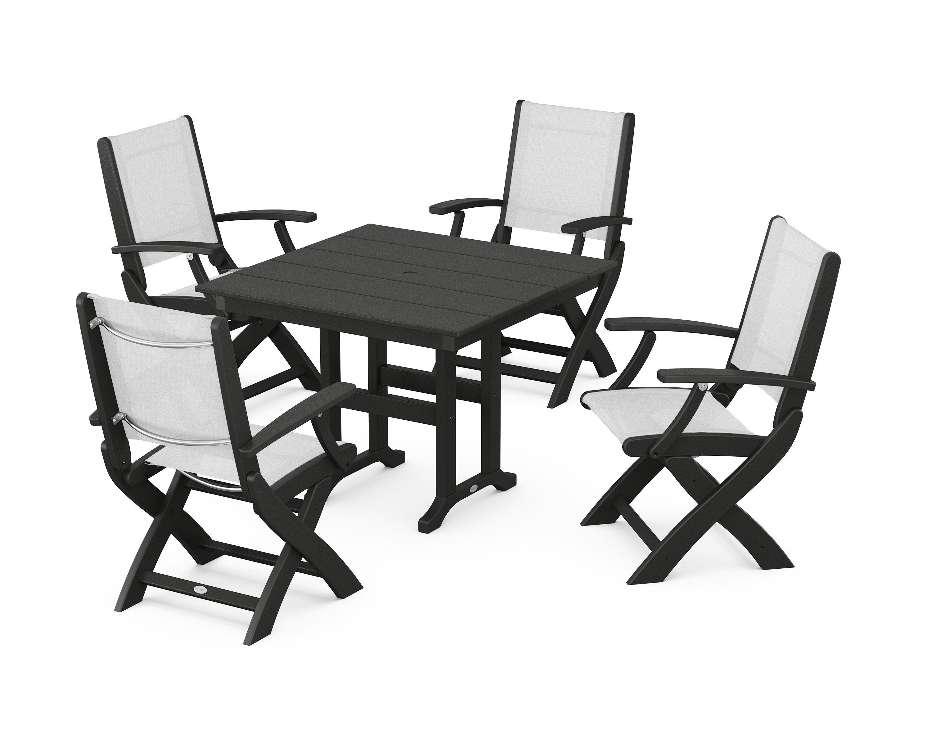 POLYWOOD Coastal Folding Chair 5-Piece Farmhouse Dining Set in Black / White Sling