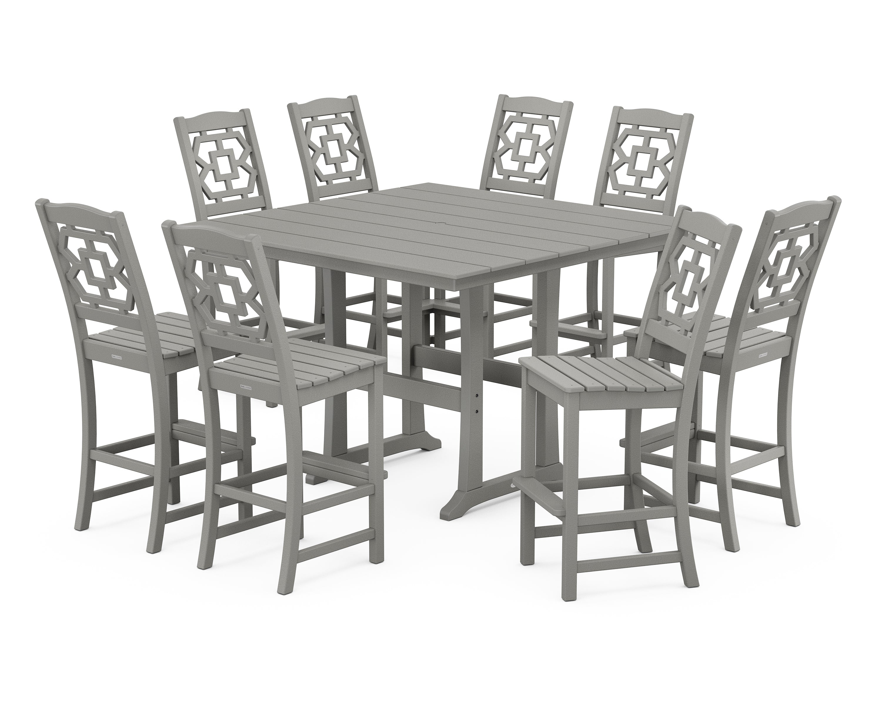 Martha Stewart by POLYWOOD Chinoiserie 9-Piece Square Farmhouse Side Chair Bar Set with Trestle Legs in Slate Grey