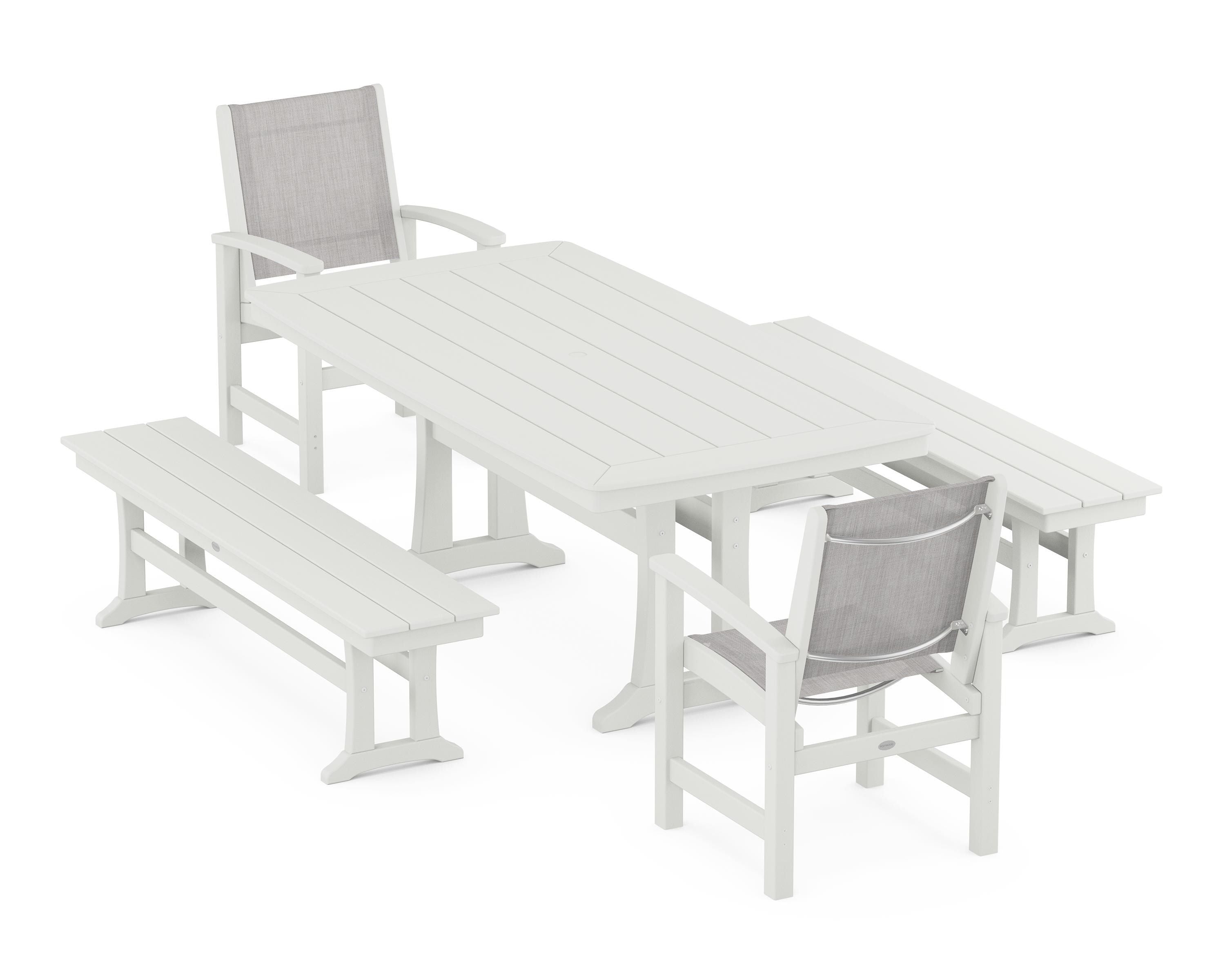 POLYWOOD Coastal 5-Piece Dining Set with Trestle Legs and Benches in Vintage White / Parchment Sling