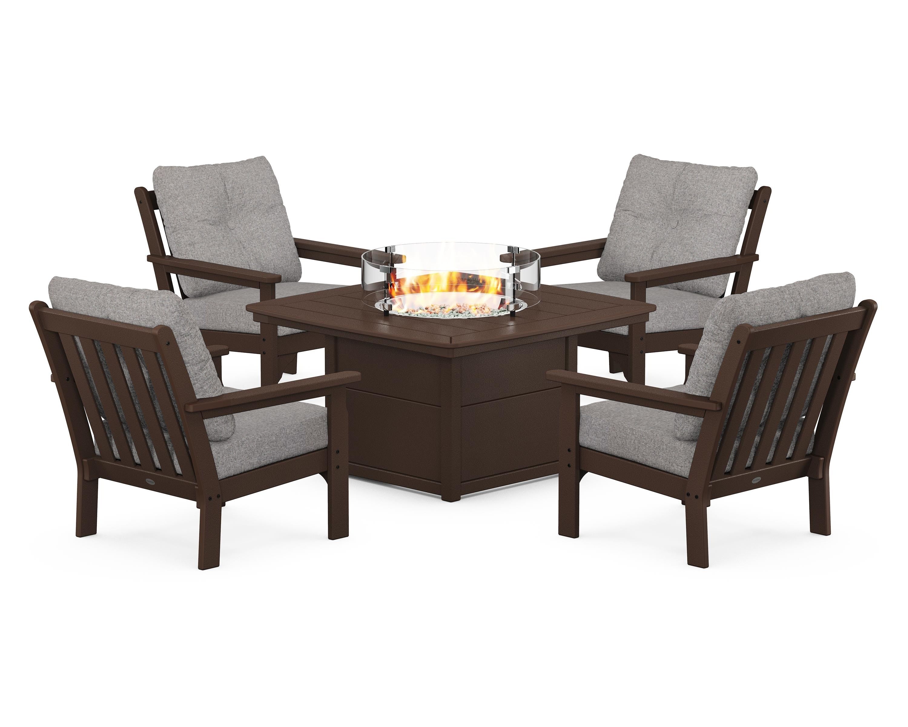 POLYWOOD Vineyard 5-Piece Conversation Set with Fire Pit Table in Mahogany / Grey Mist