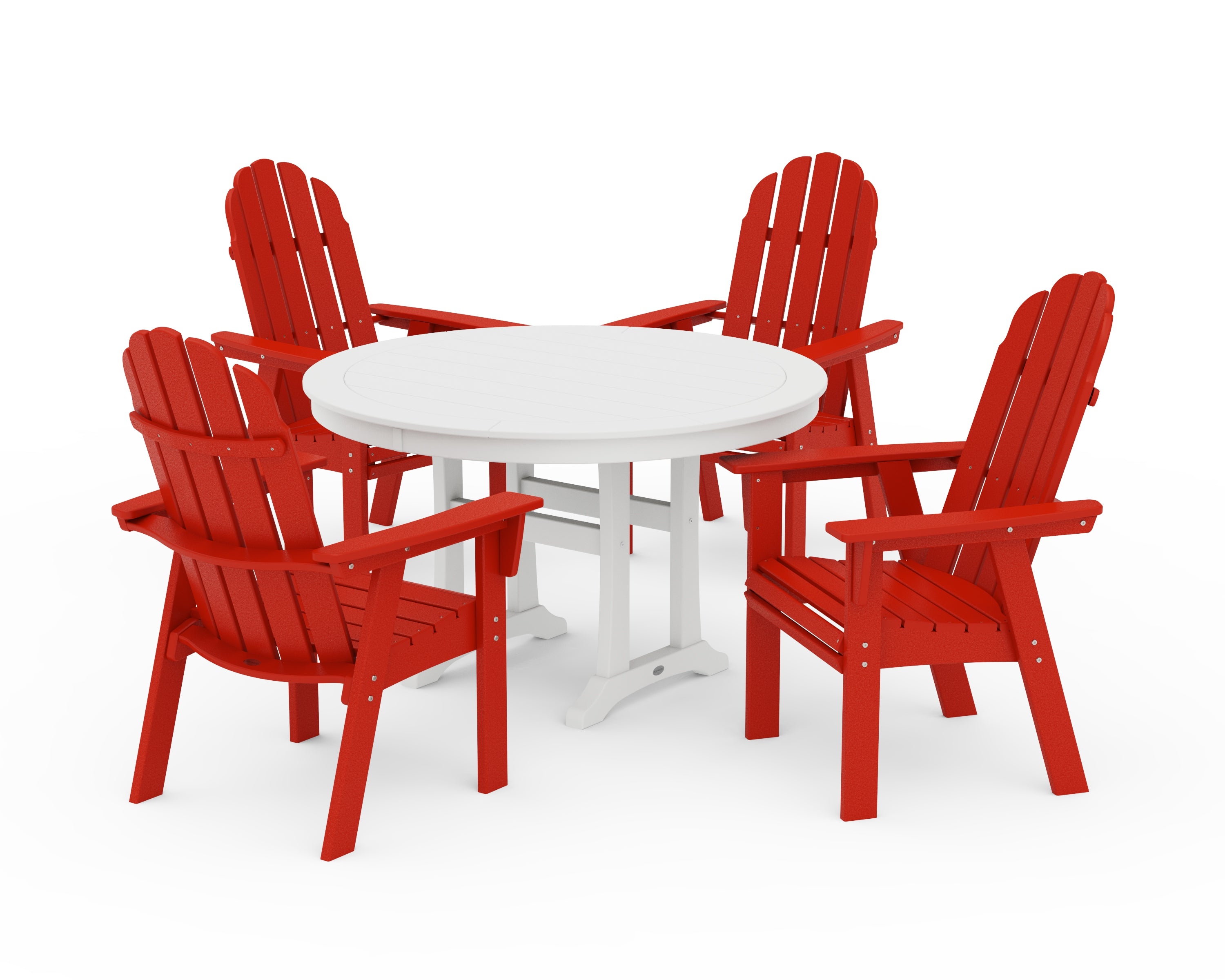 POLYWOOD Vineyard Curveback Adirondack 5-Piece Nautical Trestle Dining Set in Sunset Red / White