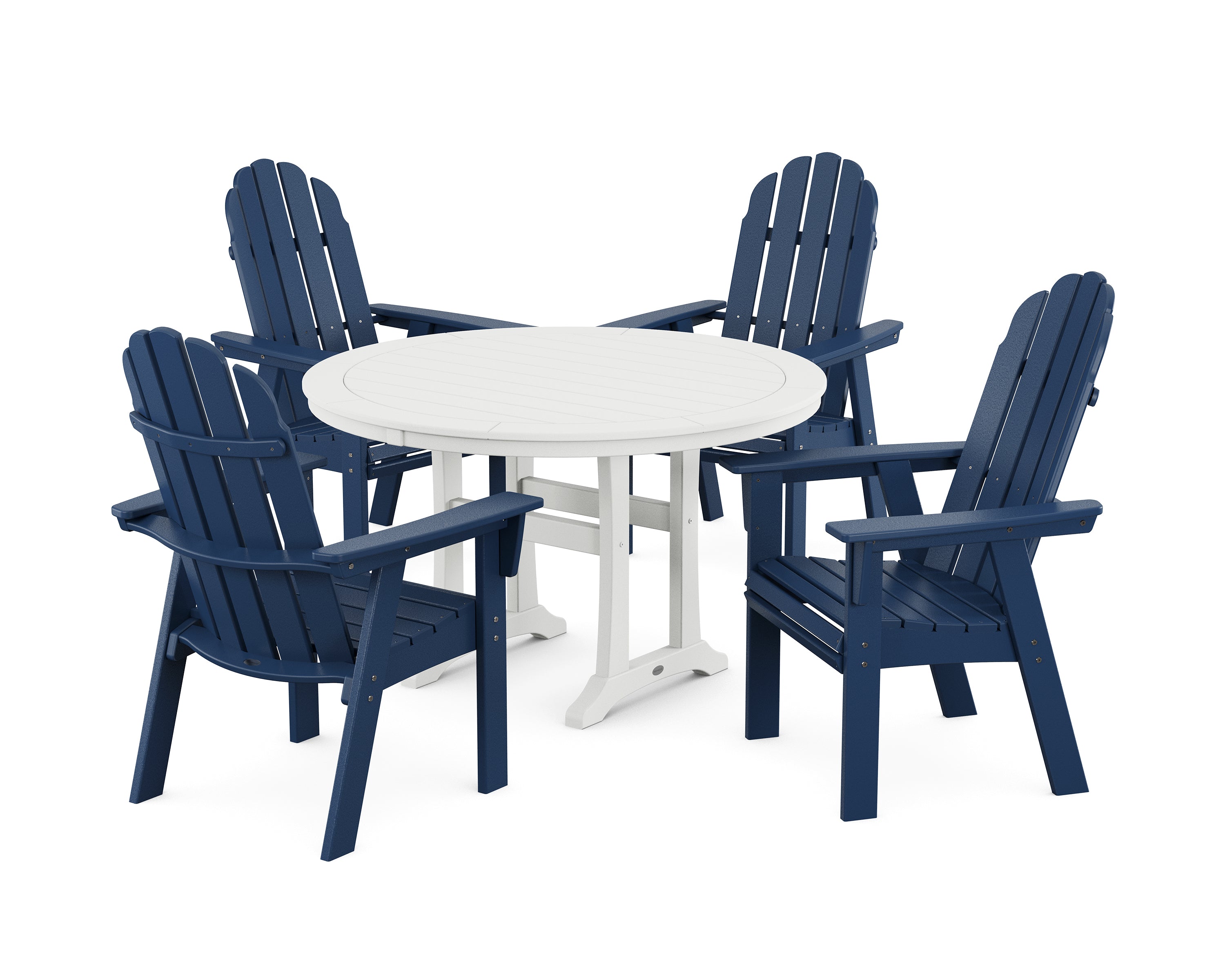POLYWOOD® Vineyard Curveback Adirondack 5-Piece Nautical Trestle Dining Set in Navy / White