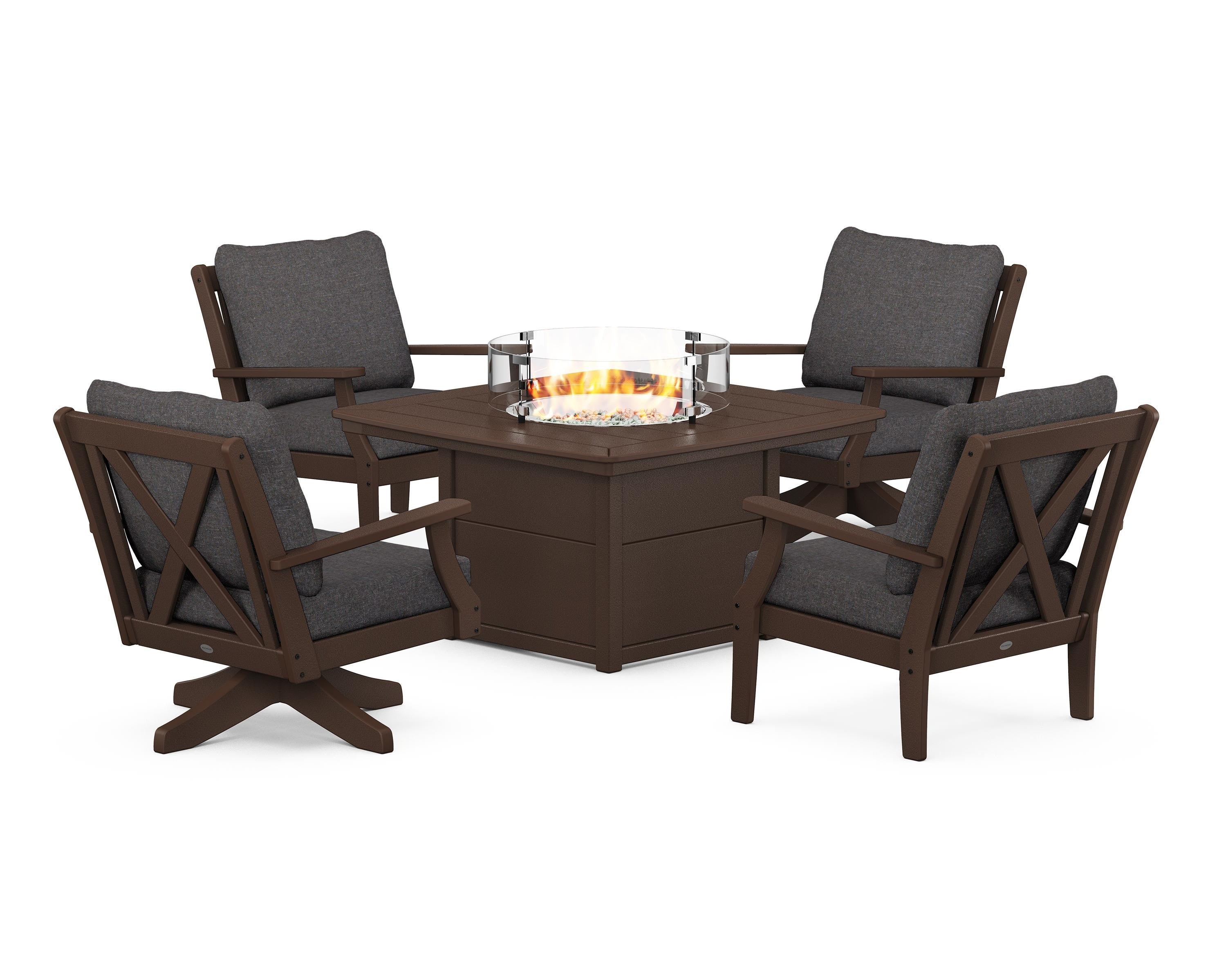 POLYWOOD Braxton 5-Piece Deep Seating Set with Fire Table in Mahogany / Ash Charcoal