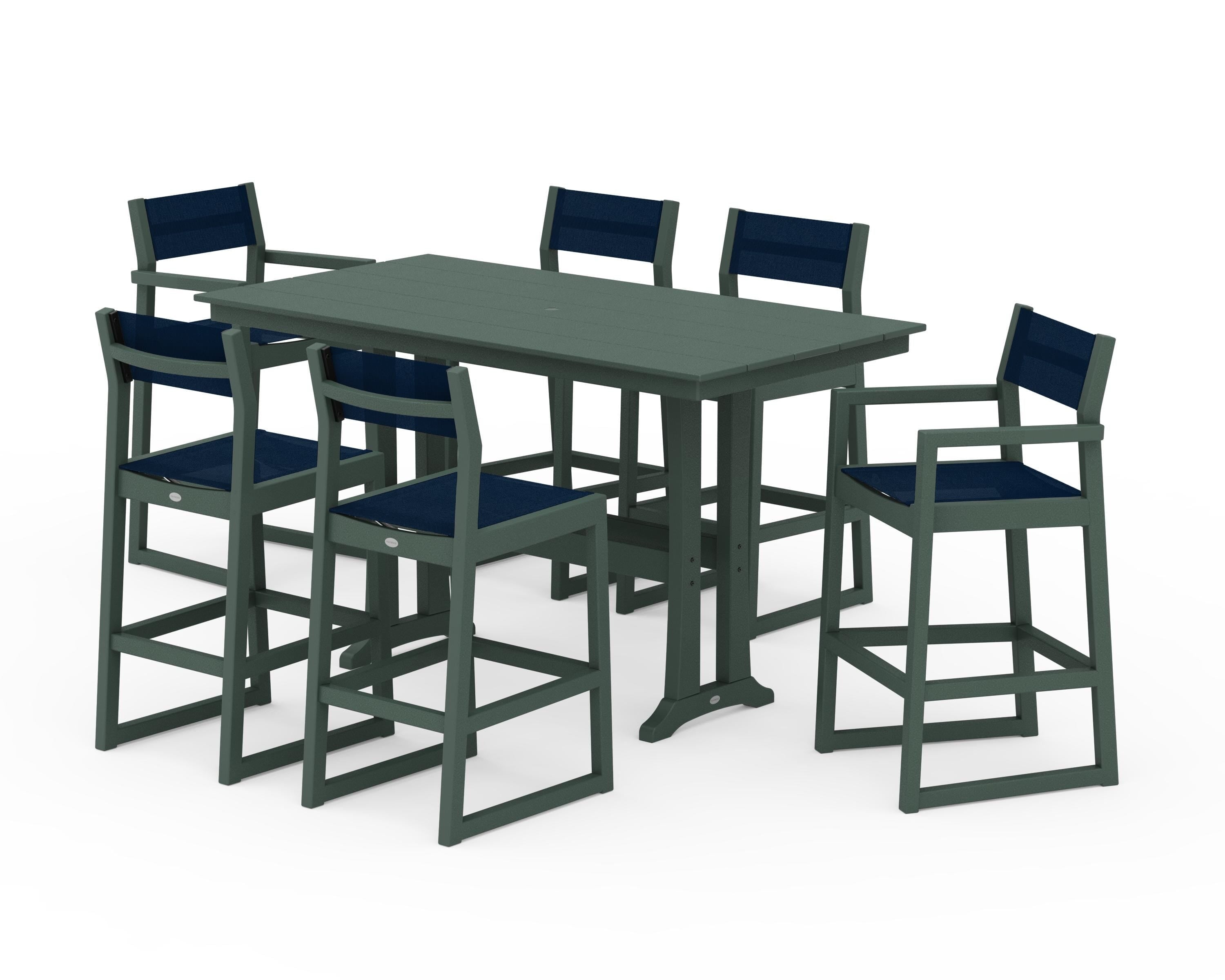 POLYWOOD EDGE Sling 7-Piece Farmhouse Bar Set with Trestle Legs in Green / Navy Blue Sling