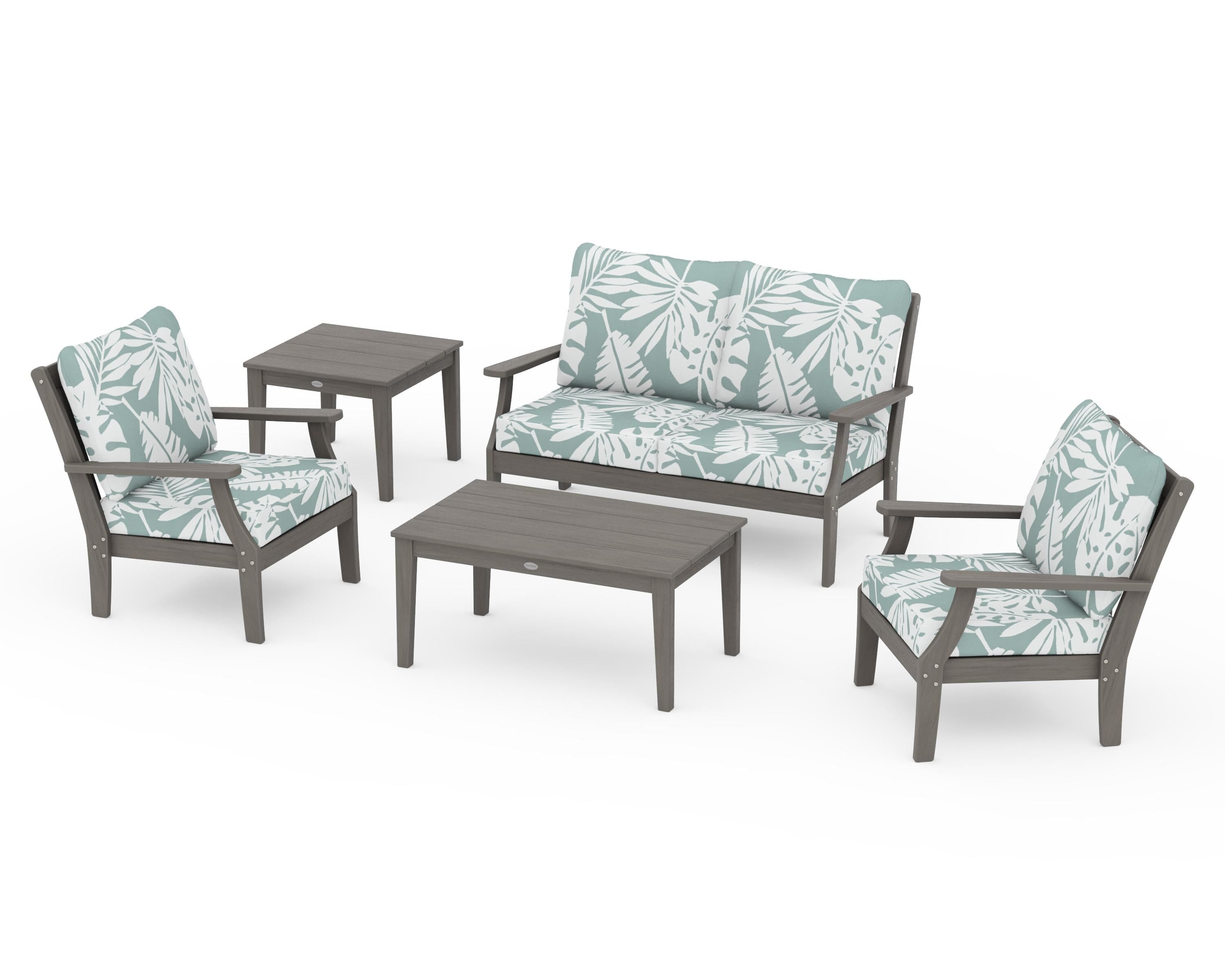 POLYWOOD Braxton 5-Piece Deep Seating Set in Driftwood / Leaf Glacier Spa