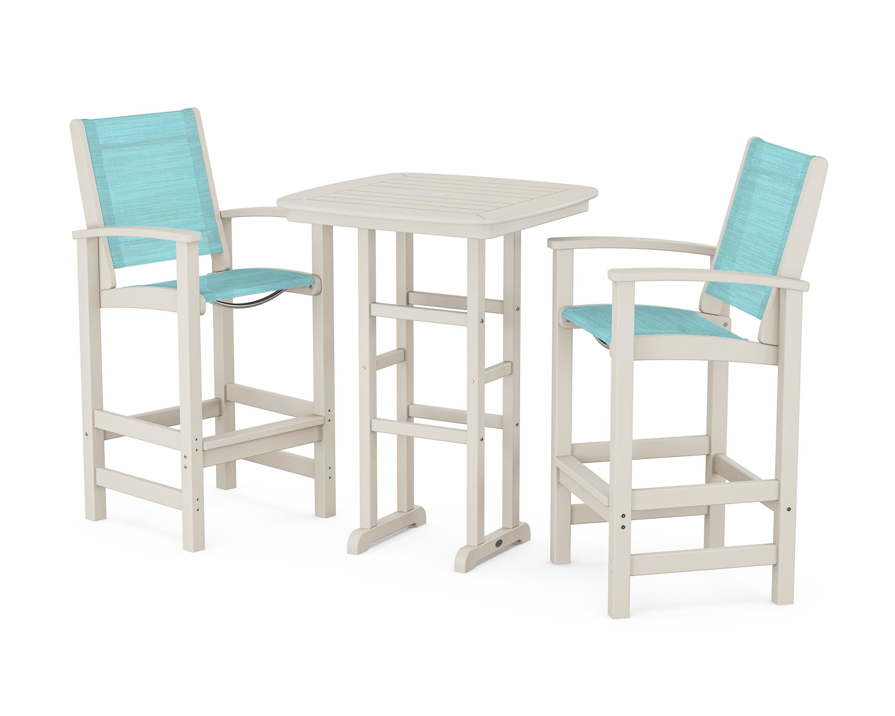 POLYWOOD Coastal 3-Piece Bar Set in Sand / Dupioni Aquamarine Sling