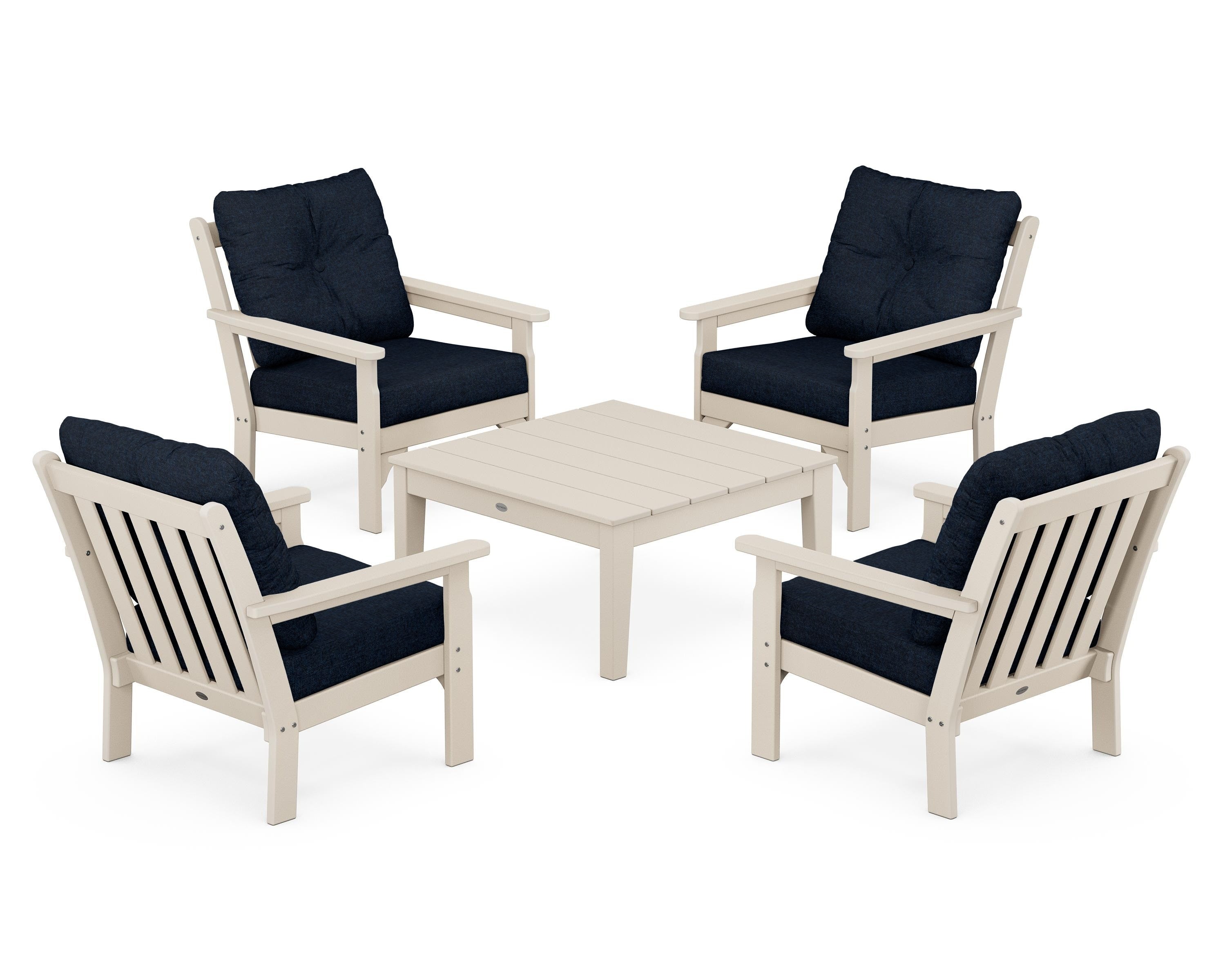 POLYWOOD Vineyard 5-Piece Deep Seating Conversation Set in Sand / Marine Indigo