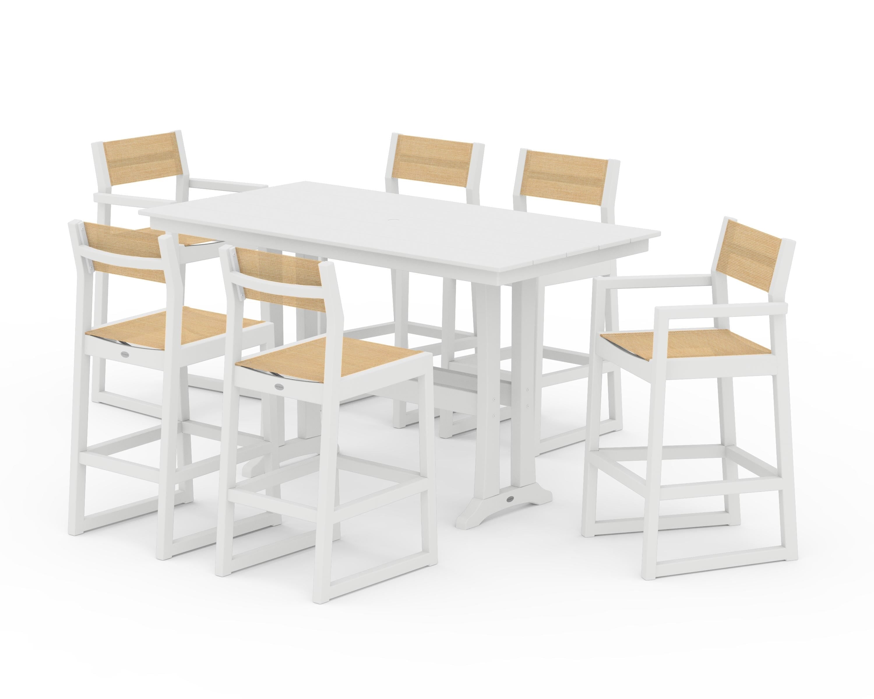 POLYWOOD EDGE Sling 7-Piece Farmhouse Bar Set with Trestle Legs in White / Dupioni Apricot Sling