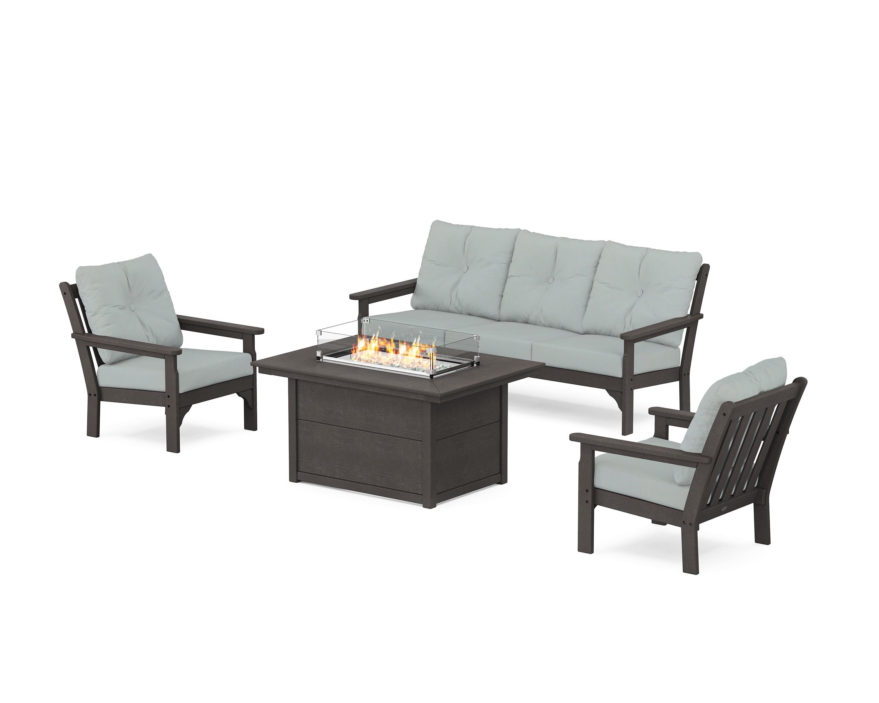 POLYWOOD Vineyard Deep Seating Fire Pit Table Set in Vintage Coffee / Spa