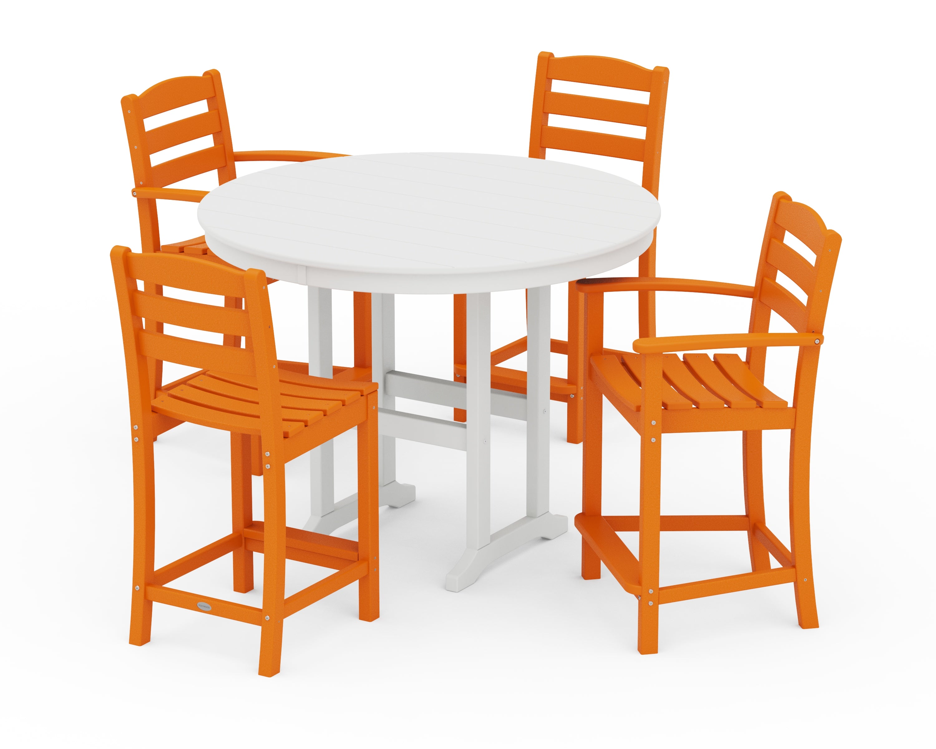 POLYWOOD La Casa Café 5-Piece Round Farmhouse Counter Dining Set in Tangerine / White