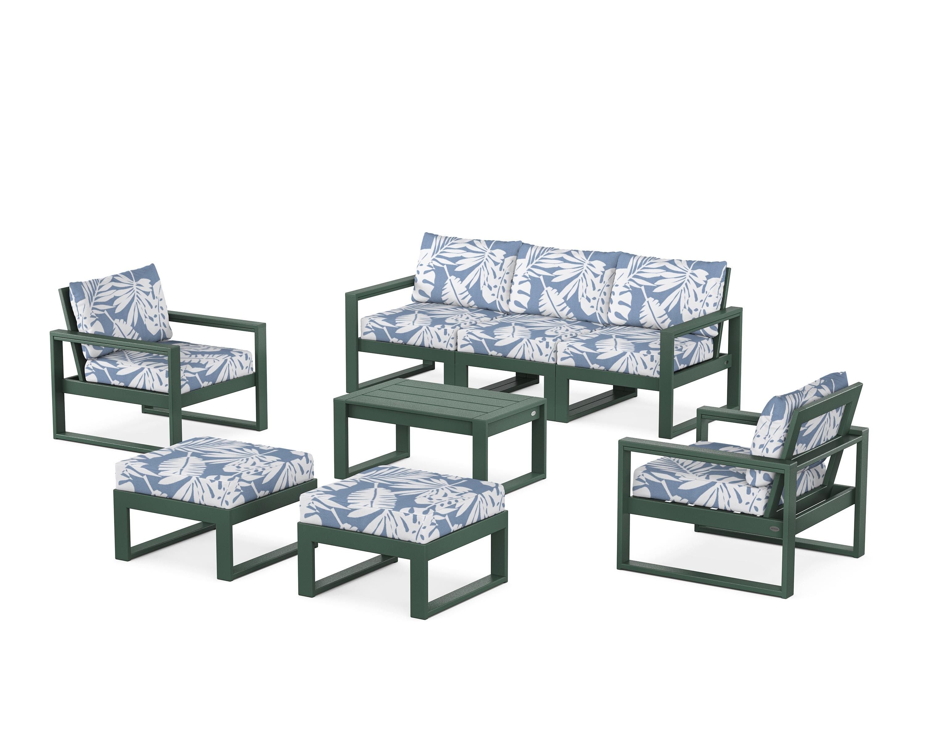 POLYWOOD EDGE Sectional 8-Piece Lounge Sofa Set in Green / Leaf Sky Blue