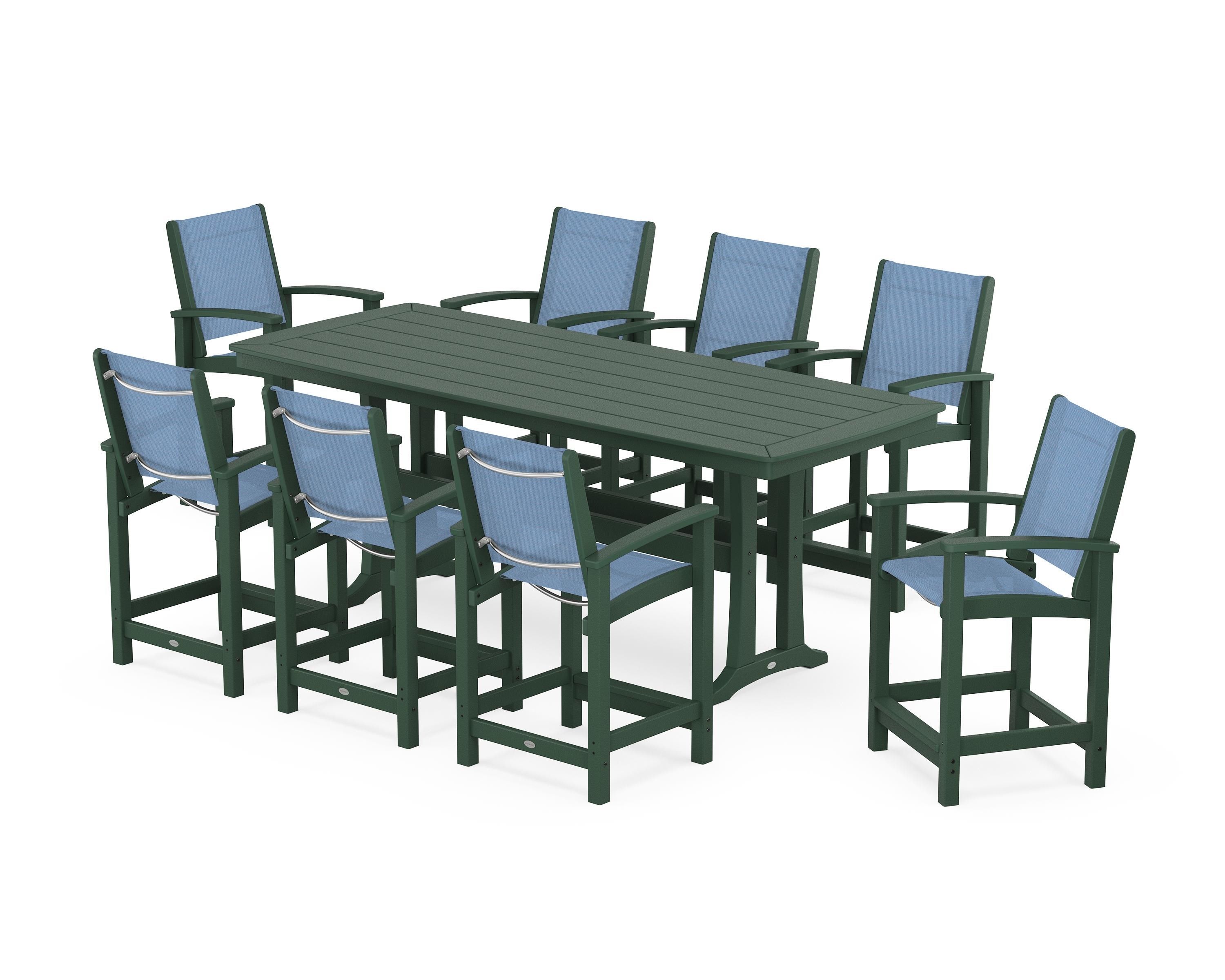 POLYWOOD Coastal 9-Piece Counter Set with Trestle Legs in Green / Poolside Sling