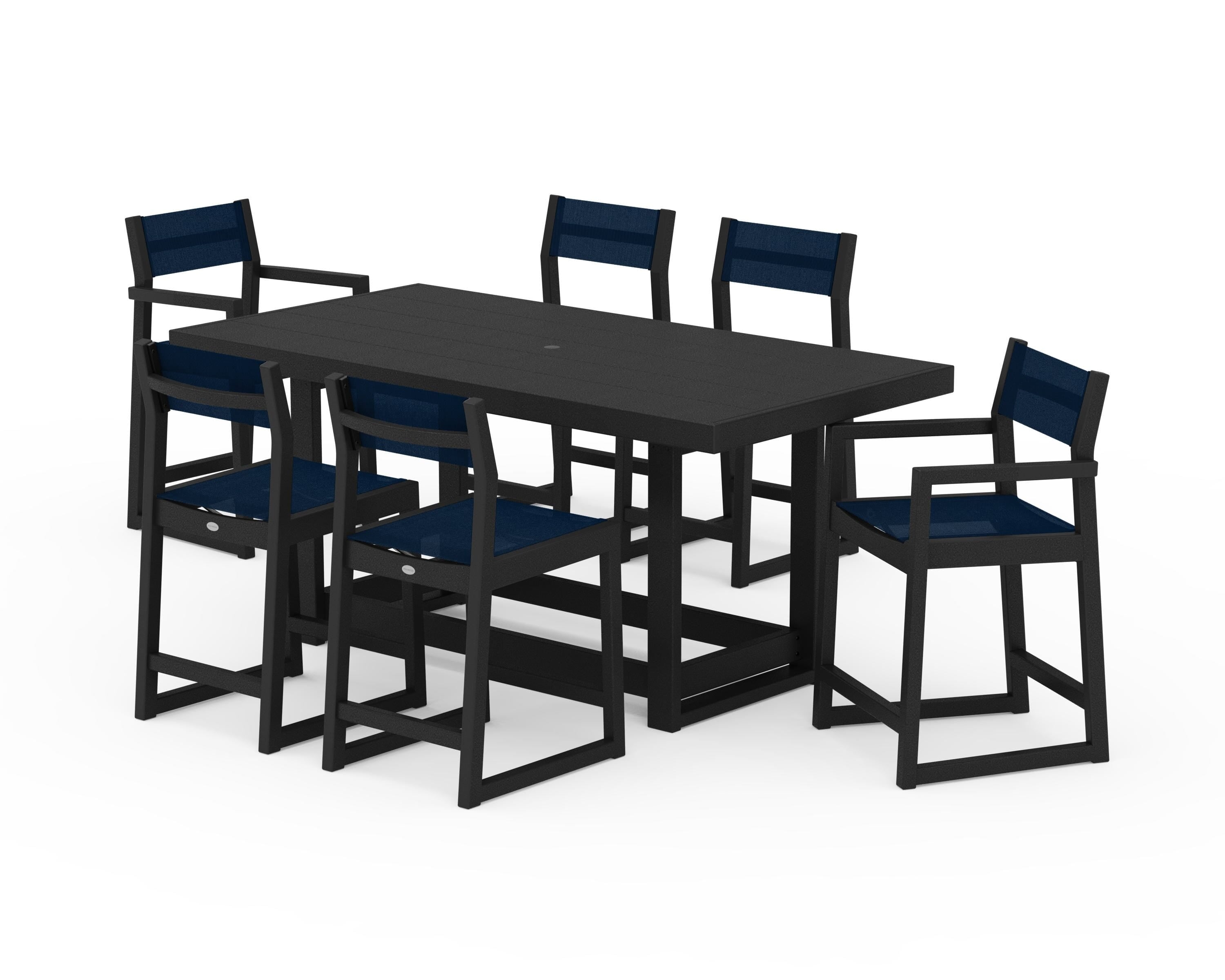 POLYWOOD EDGE Sling 7-Piece Counter Table Set in Black / Navy Blue Sling